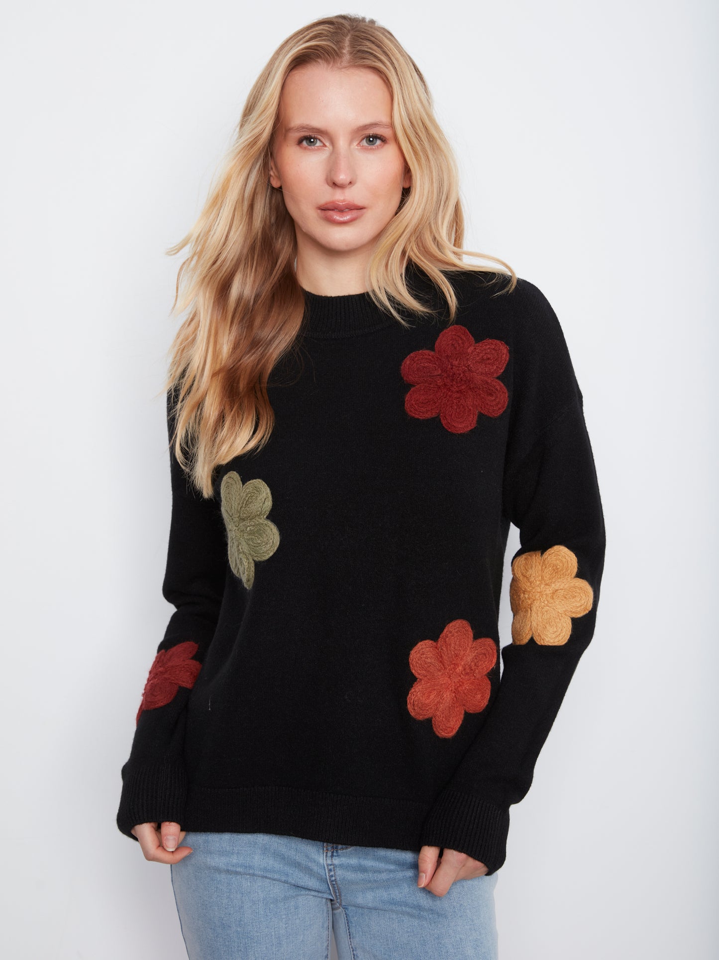 Charlie B L/S Drop Shoulder Flower Applique Sweater Black C2012-736A-P001