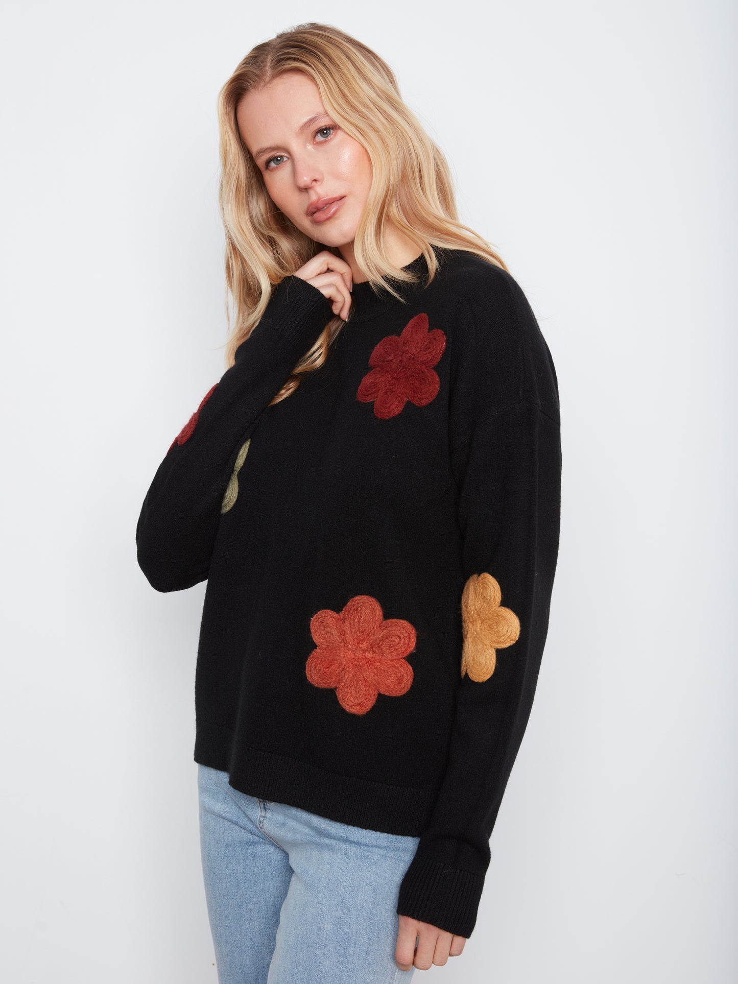 Charlie B L/S Drop Shoulder Flower Applique Sweater Black C2012-736A-P001