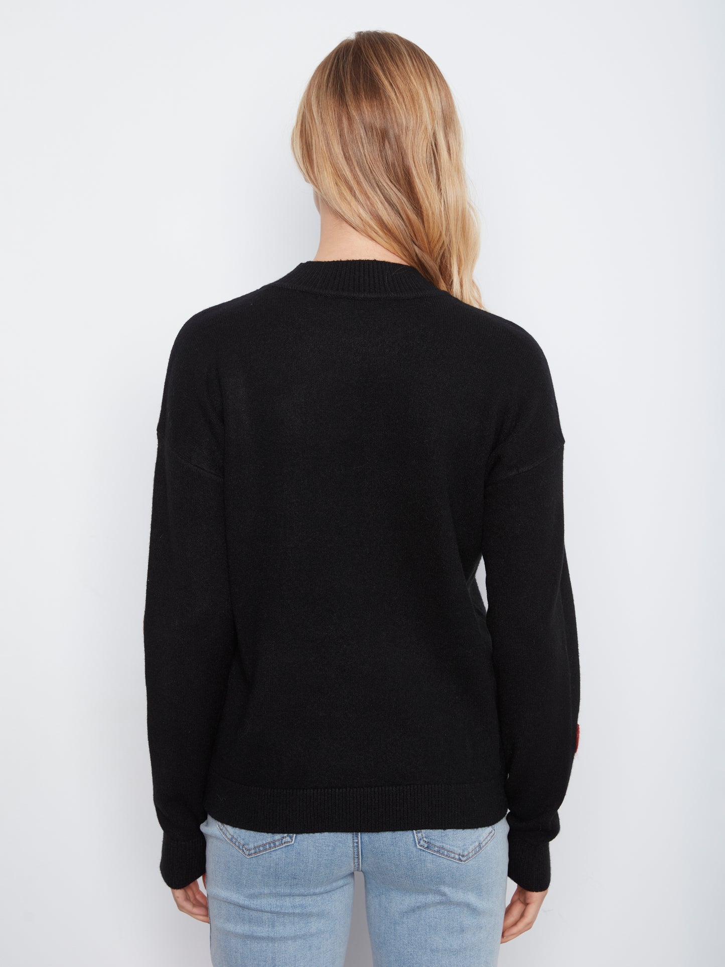 Charlie B L/S Drop Shoulder Flower Applique Sweater Black C2012-736A-P001