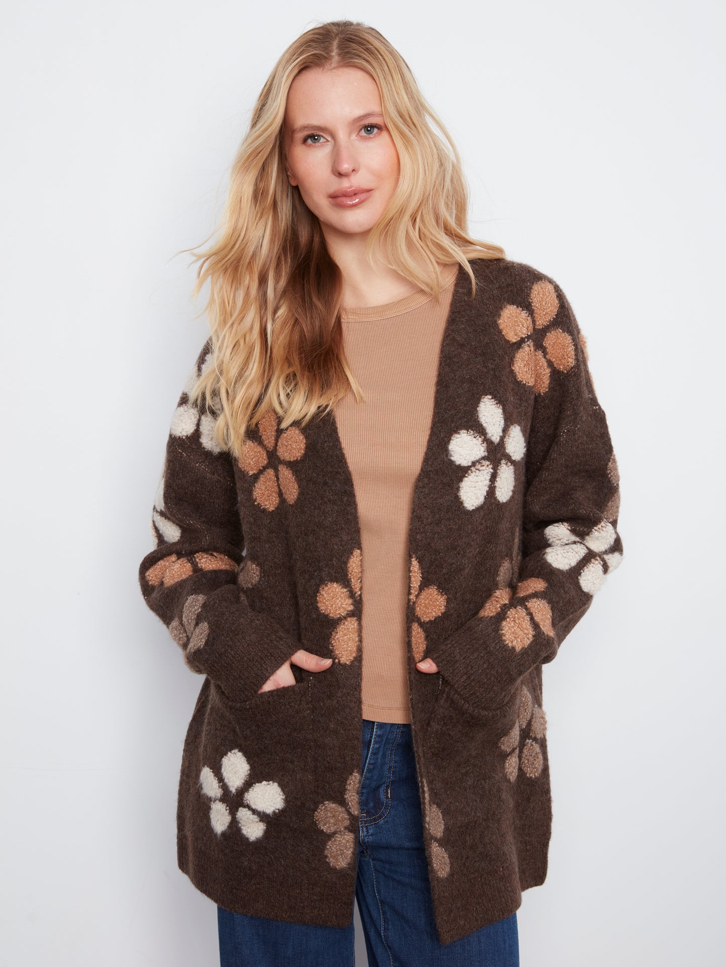 Charlie B Flower Boucle Long Sleeve Cardigan H. Cocoa C2029-694C-P259