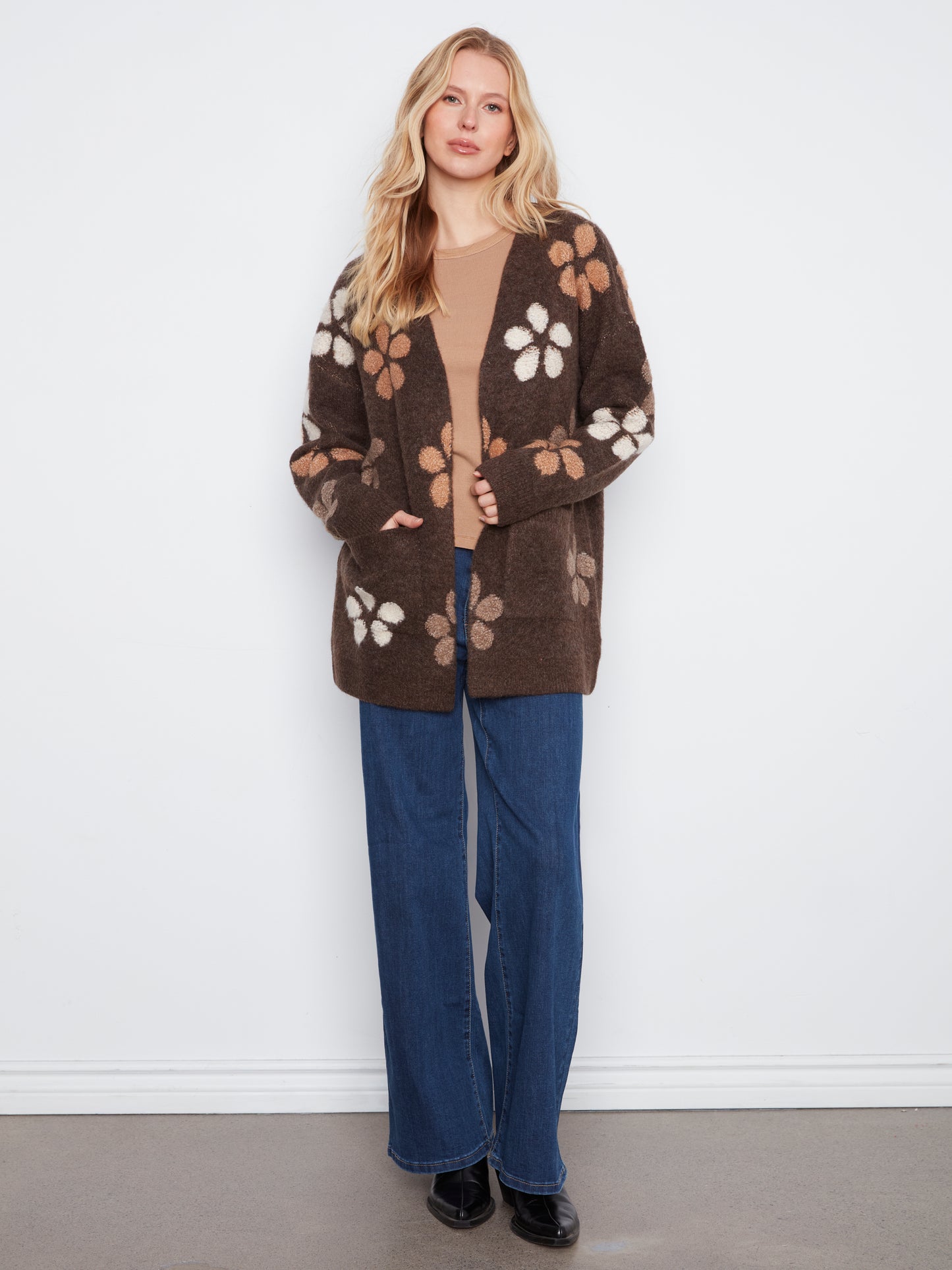 Charlie B Flower Boucle Long Sleeve Cardigan H. Cocoa C2029-694C-P259