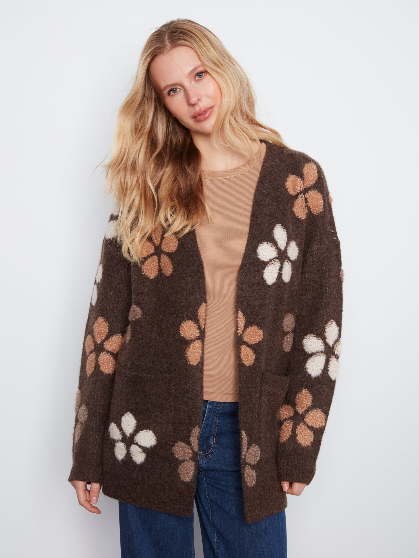 Charlie B Flower Boucle Long Sleeve Cardigan H. Cocoa C2029-694C-P259