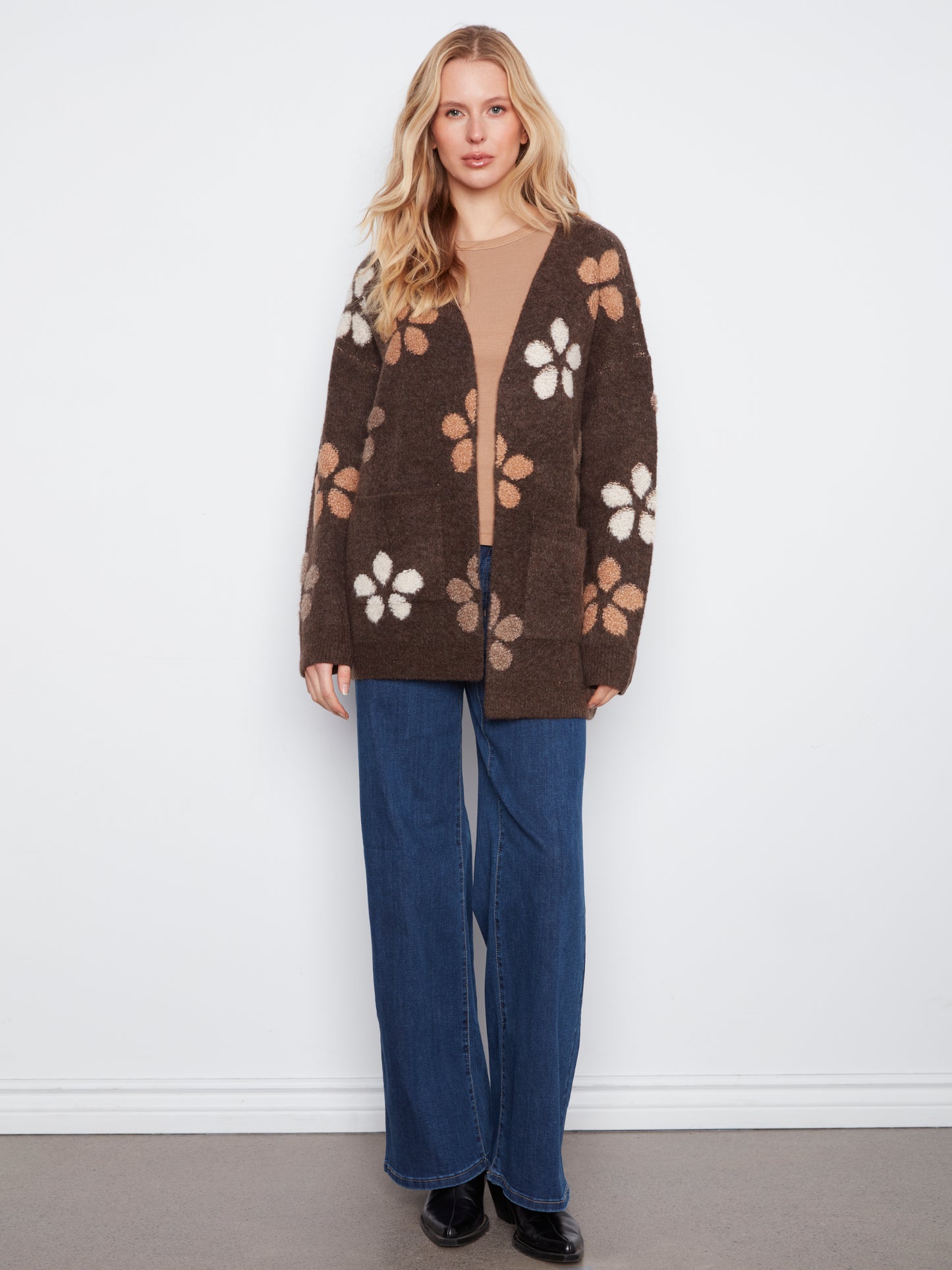 Charlie B Flower Boucle Long Sleeve Cardigan H. Cocoa C2029-694C-P259