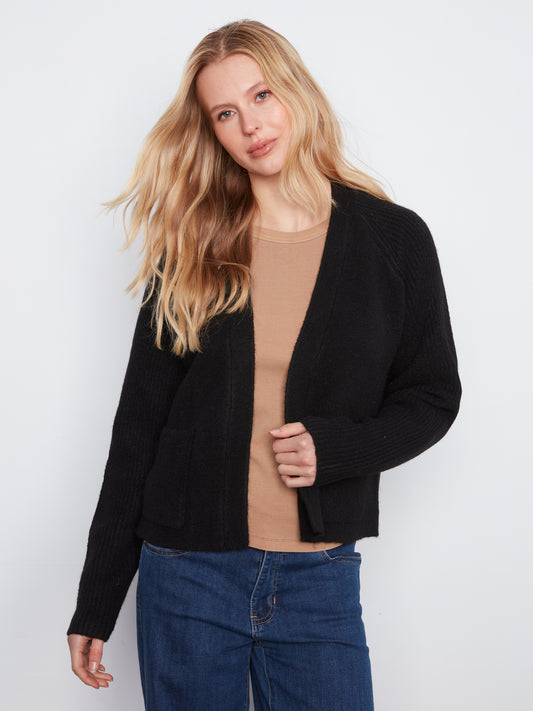 Charlie B Long Sleeve Front Flap Cardigan with Patch Pockets Black C2037-704C-001