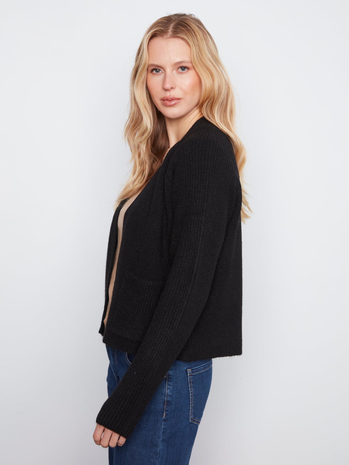 Charlie B Long Sleeve Front Flap Cardigan with Patch Pockets Black C2037-704C-001