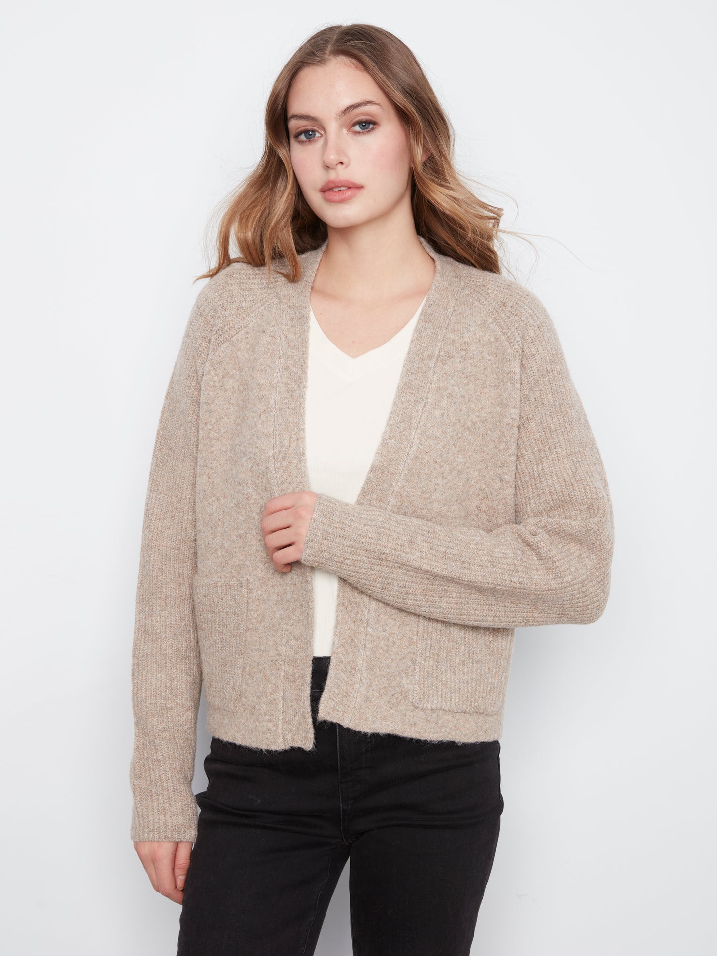 Charlie B Long Sleeve Front Flap Cardigan with Patch Pockets H-Lt Brown C2037-704C-987