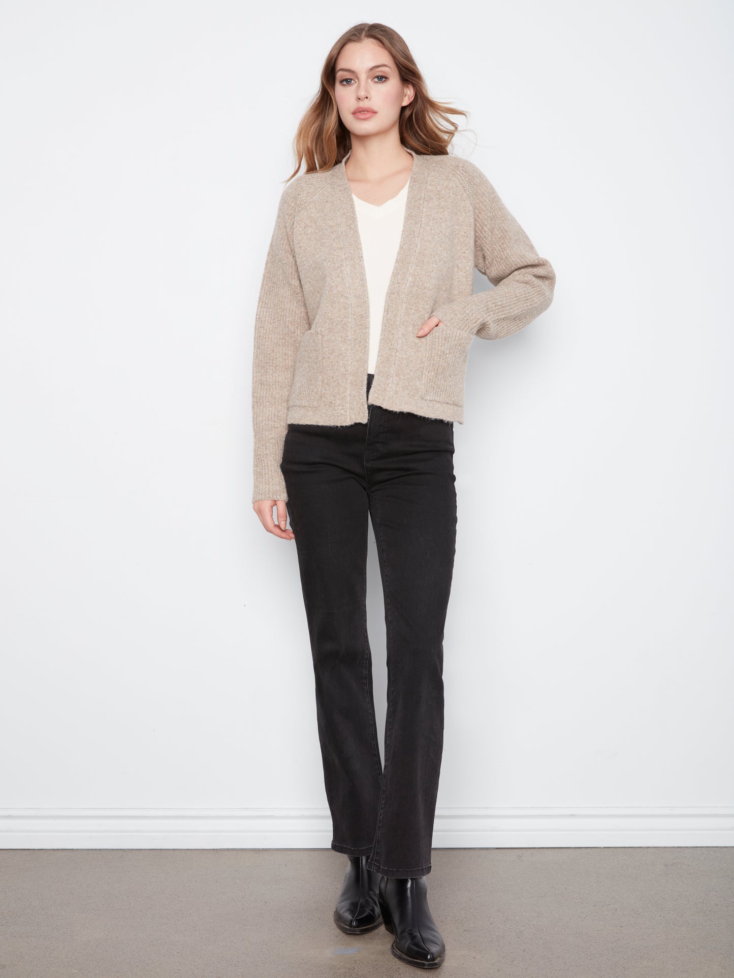 Charlie B Long Sleeve Front Flap Cardigan with Patch Pockets H-Lt Brown C2037-704C-987