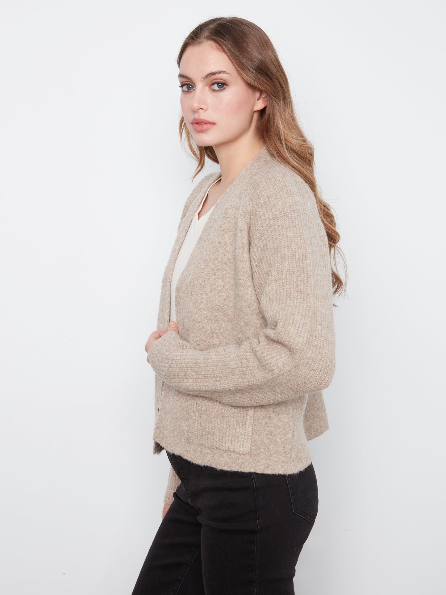 Charlie B Long Sleeve Front Flap Cardigan with Patch Pockets H-Lt Brown C2037-704C-987