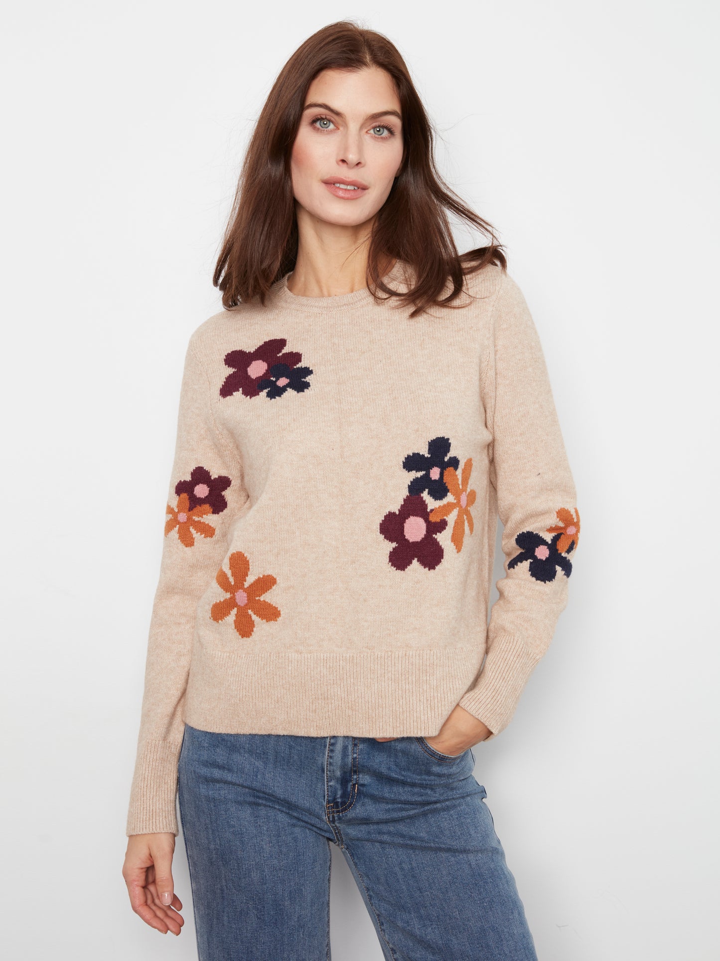 Charlie B Long Sleeve Crew Neck Sweater w/Placed Jacquard Flowers Lt. H-Sand C2046-974A-P297