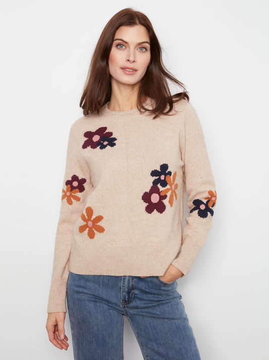 Charlie B Long Sleeve Crew Neck Sweater w/Placed Jacquard Flowers Lt. H-Sand C2046-974A-P297