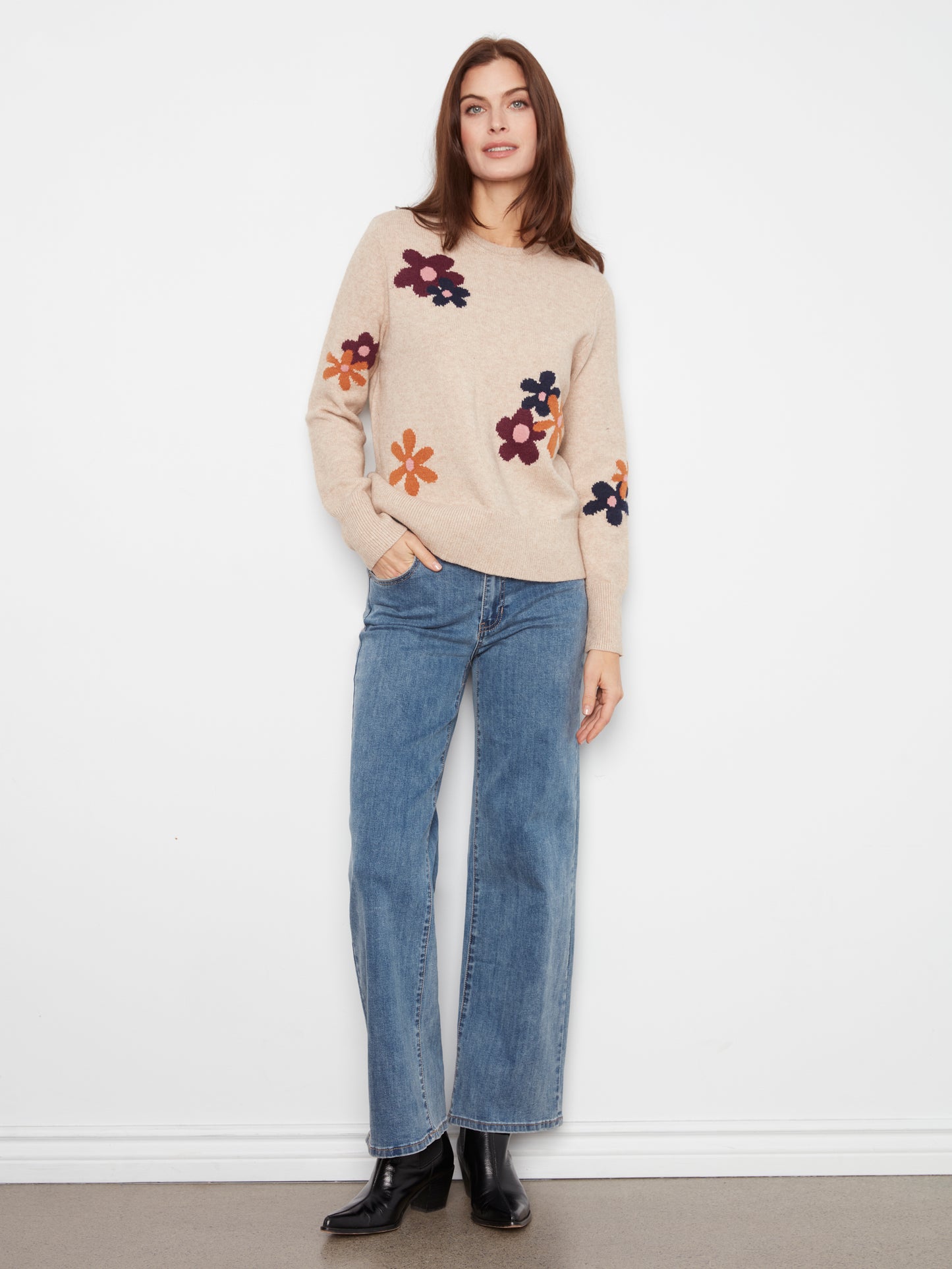 Charlie B Long Sleeve Crew Neck Sweater w/Placed Jacquard Flowers Lt. H-Sand C2046-974A-P297