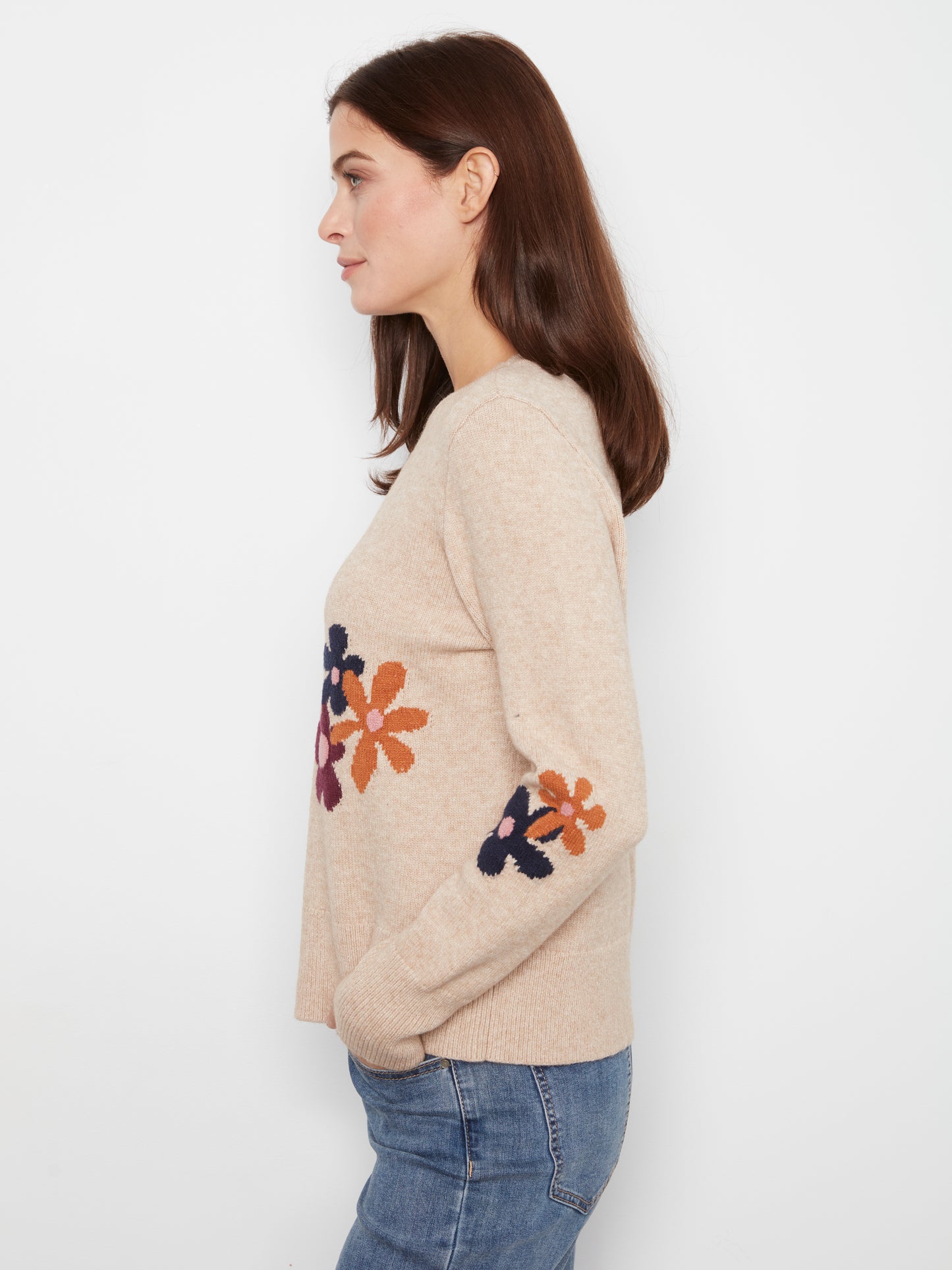 Charlie B Long Sleeve Crew Neck Sweater w/Placed Jacquard Flowers Lt. H-Sand C2046-974A-P297