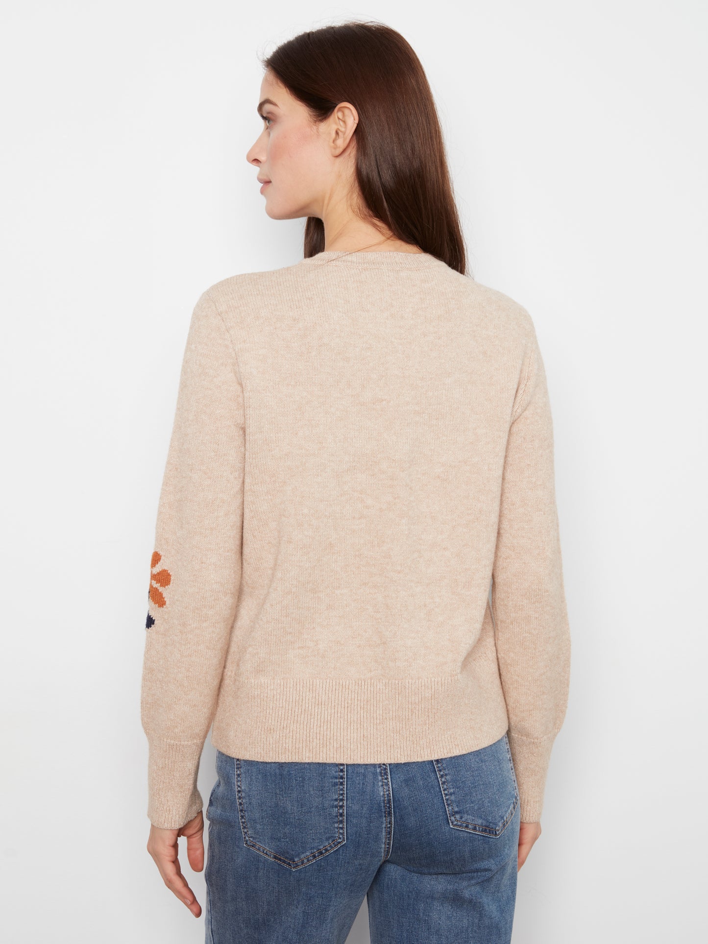 Charlie B Long Sleeve Crew Neck Sweater w/Placed Jacquard Flowers Lt. H-Sand C2046-974A-P297