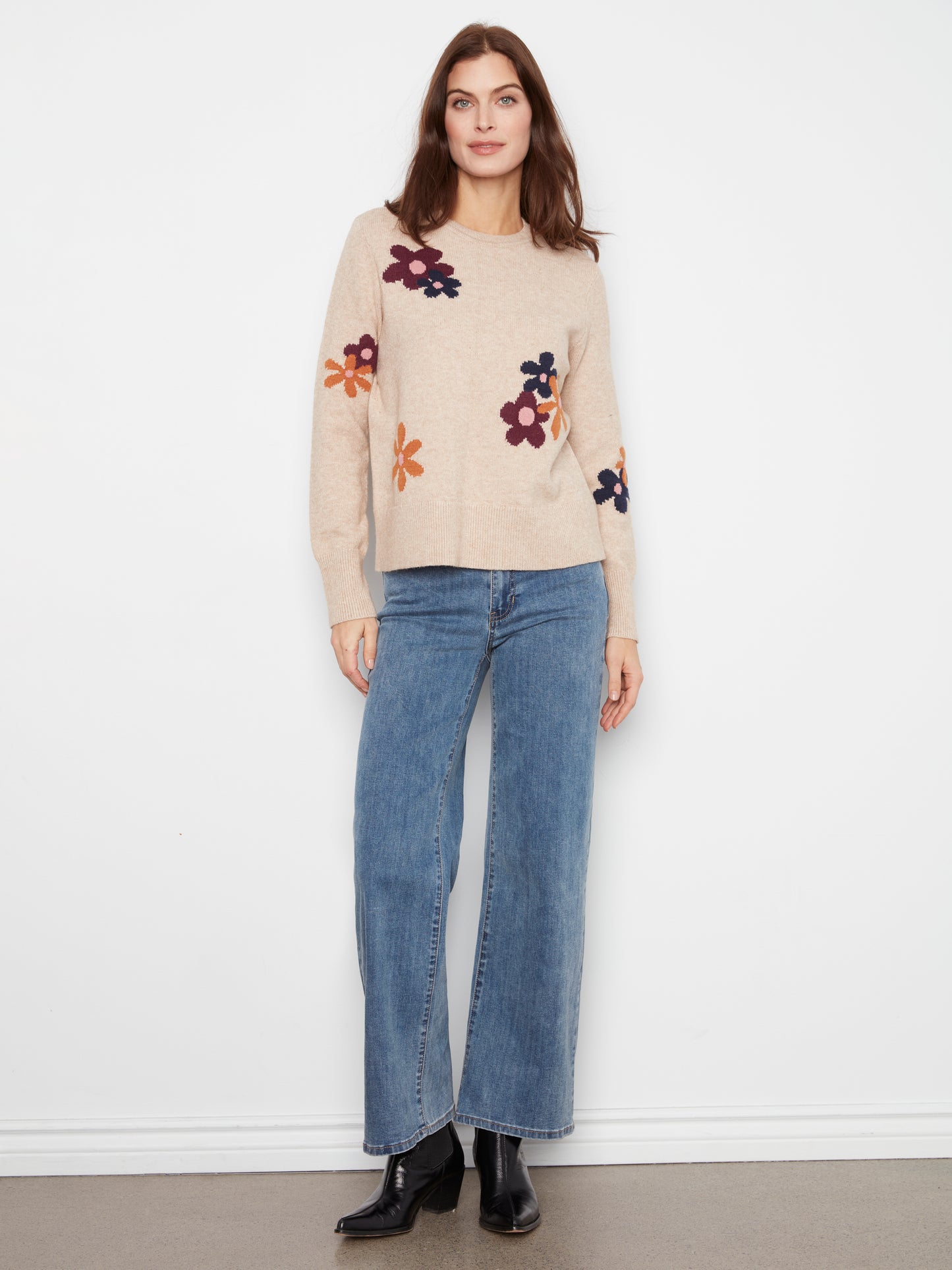 Charlie B Long Sleeve Crew Neck Sweater w/Placed Jacquard Flowers Lt. H-Sand C2046-974A-P297