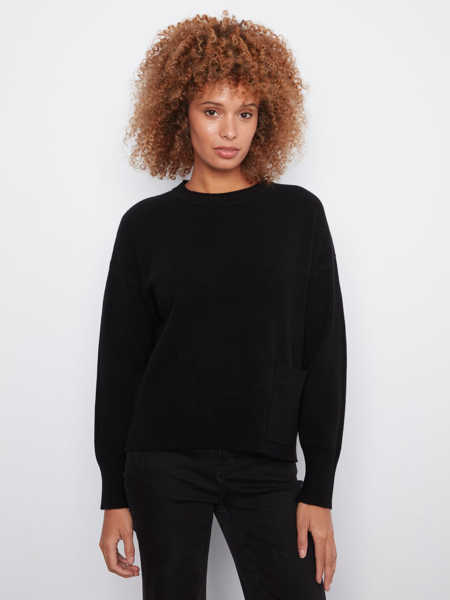 Charlie B Crew Neck Dropped Shoulder Cropped Sweater w/Pocket  Black C2052-736A-001