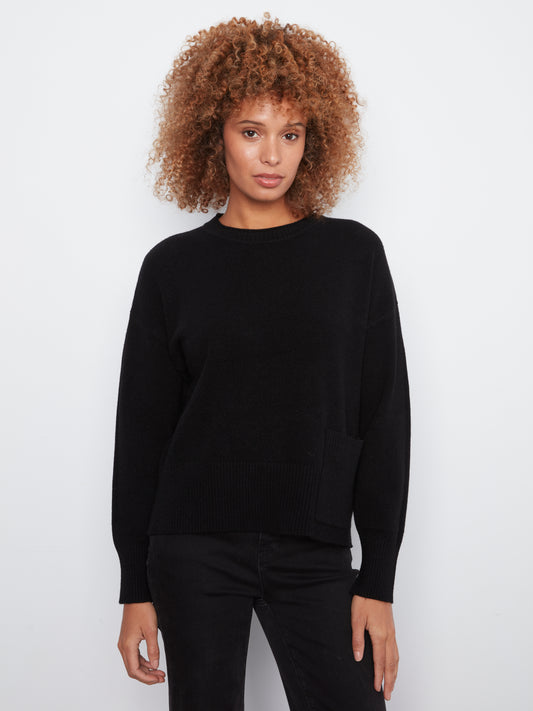 Charlie B Crew Neck Dropped Shoulder Cropped Sweater w/Pocket  Black C2052-736A-001