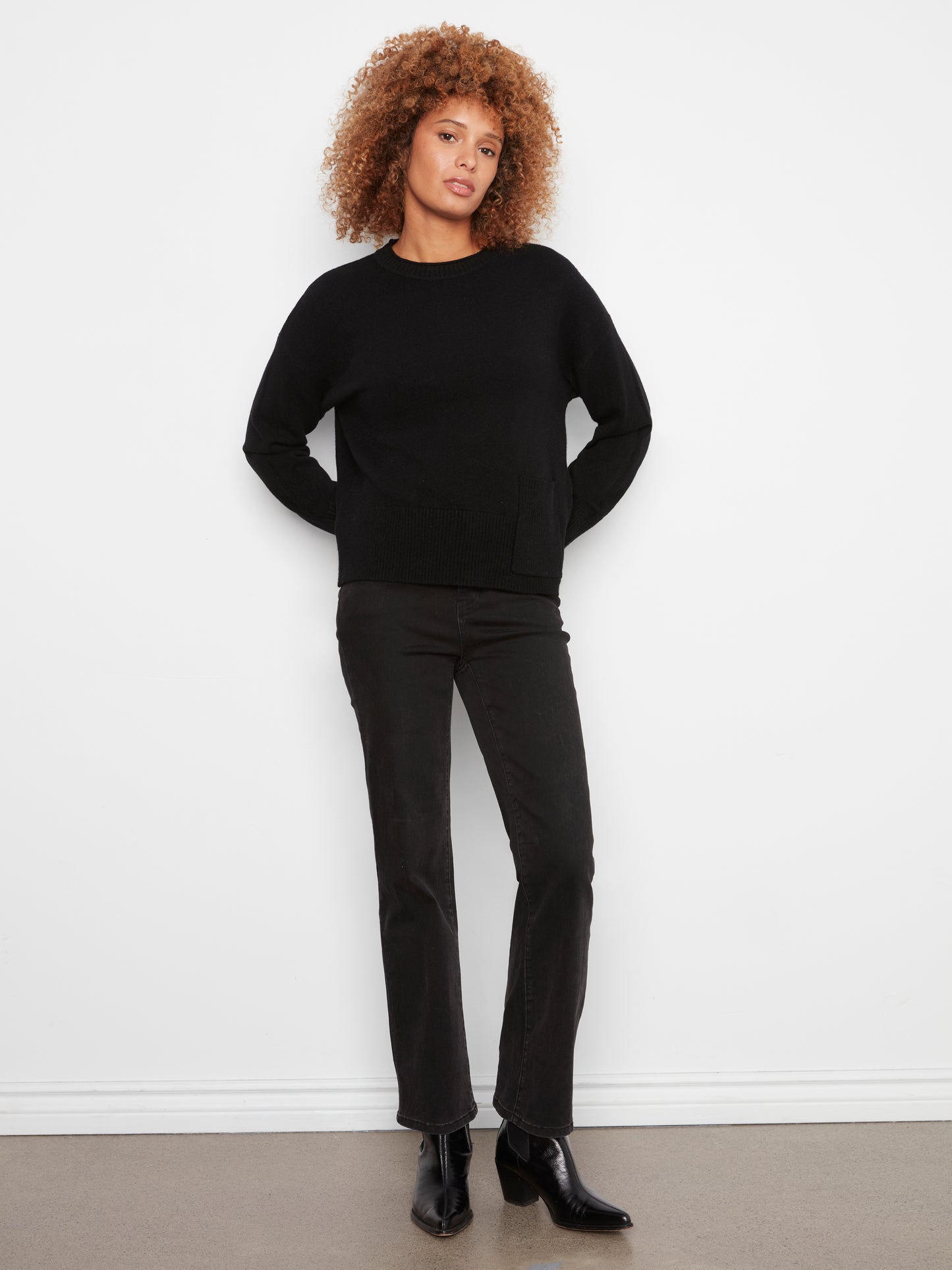 Charlie B Crew Neck Dropped Shoulder Cropped Sweater w/Pocket  Black C2052-736A-001
