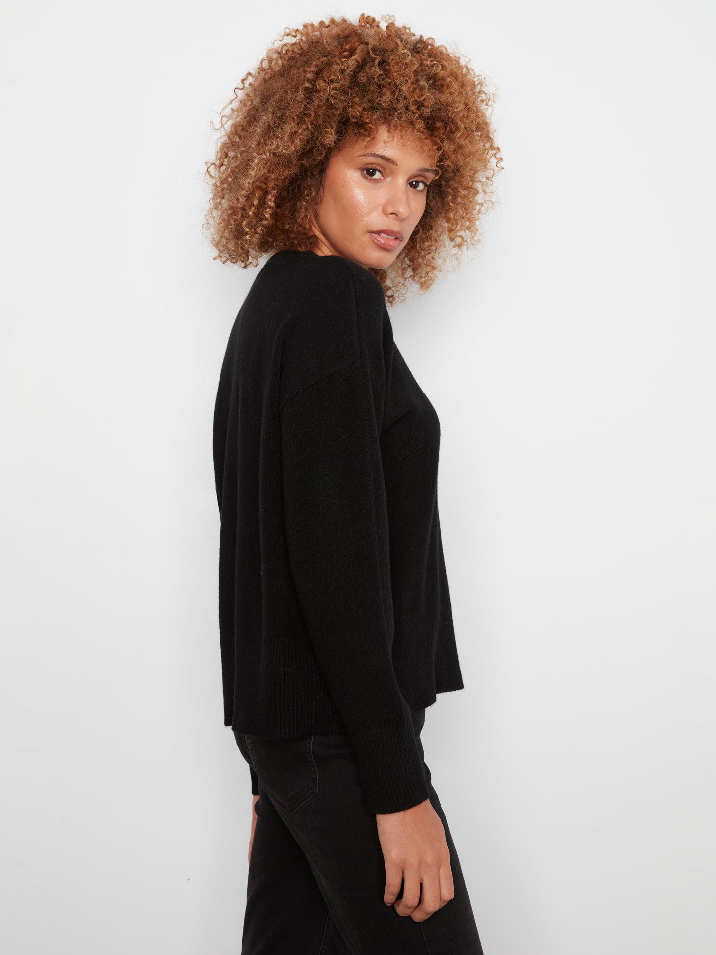 Charlie B Crew Neck Dropped Shoulder Cropped Sweater w/Pocket  Black C2052-736A-001
