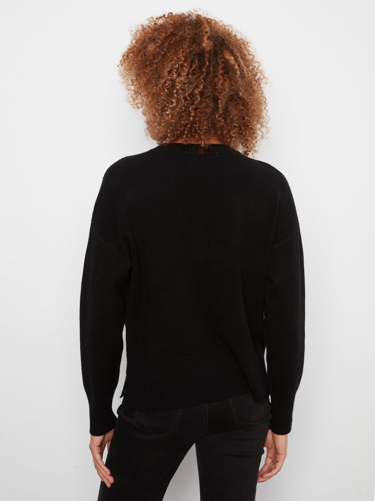 Charlie B Crew Neck Dropped Shoulder Cropped Sweater w/Pocket  Black C2052-736A-001