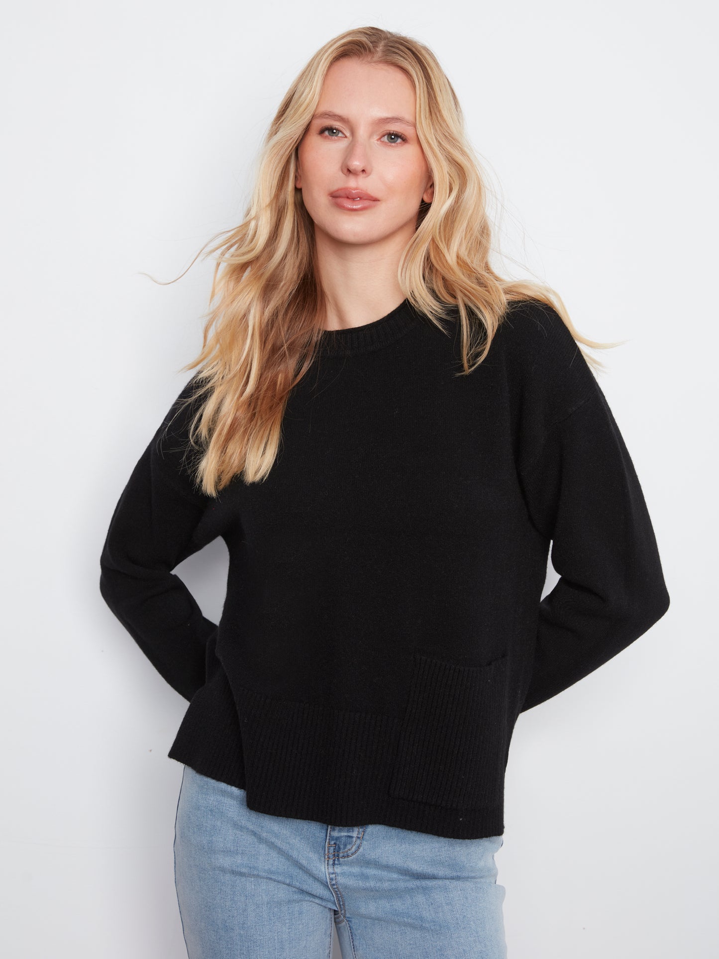 Charlie B Crew Neck Dropped Shoulder Cropped Sweater w/Pocket  Black C2052-736A-001