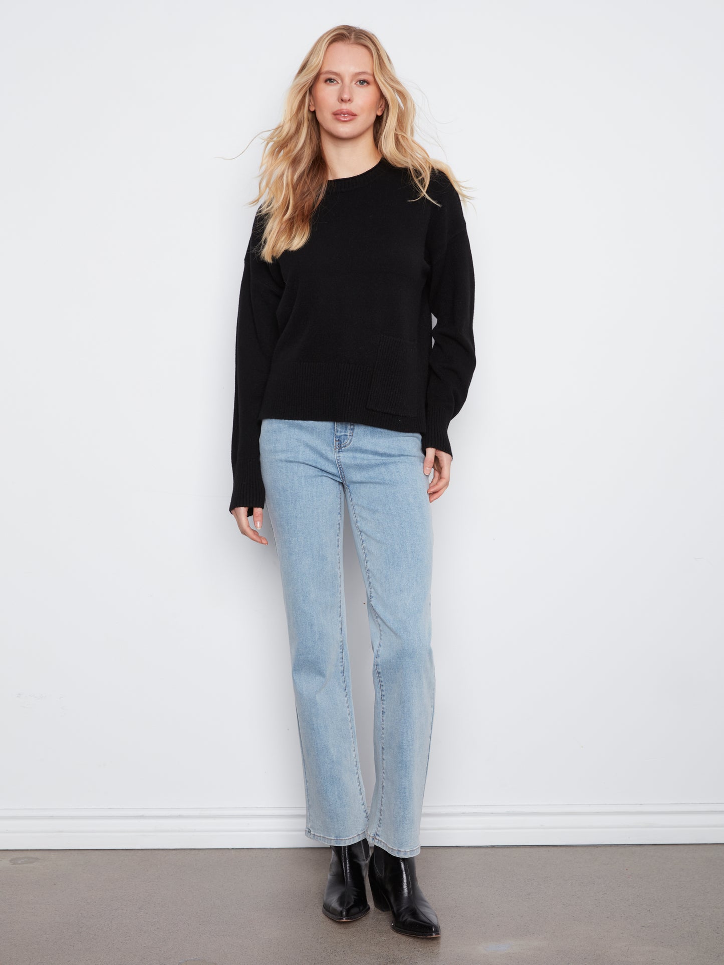 Charlie B Crew Neck Dropped Shoulder Cropped Sweater w/Pocket  Black C2052-736A-001