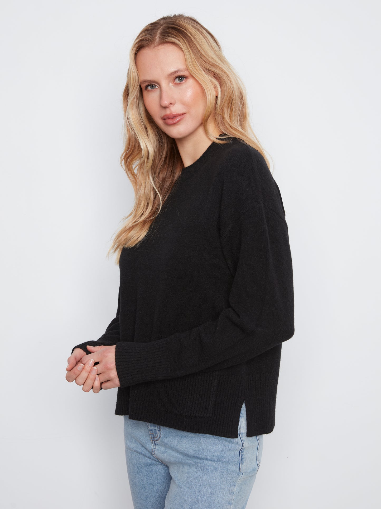 Charlie B Crew Neck Dropped Shoulder Cropped Sweater w/Pocket  Black C2052-736A-001