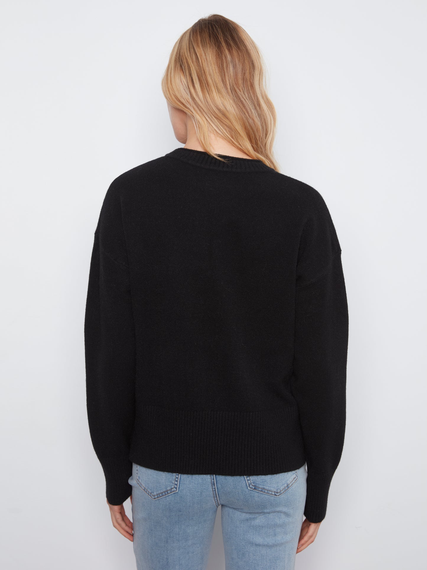 Charlie B Crew Neck Dropped Shoulder Cropped Sweater w/Pocket  Black C2052-736A-001