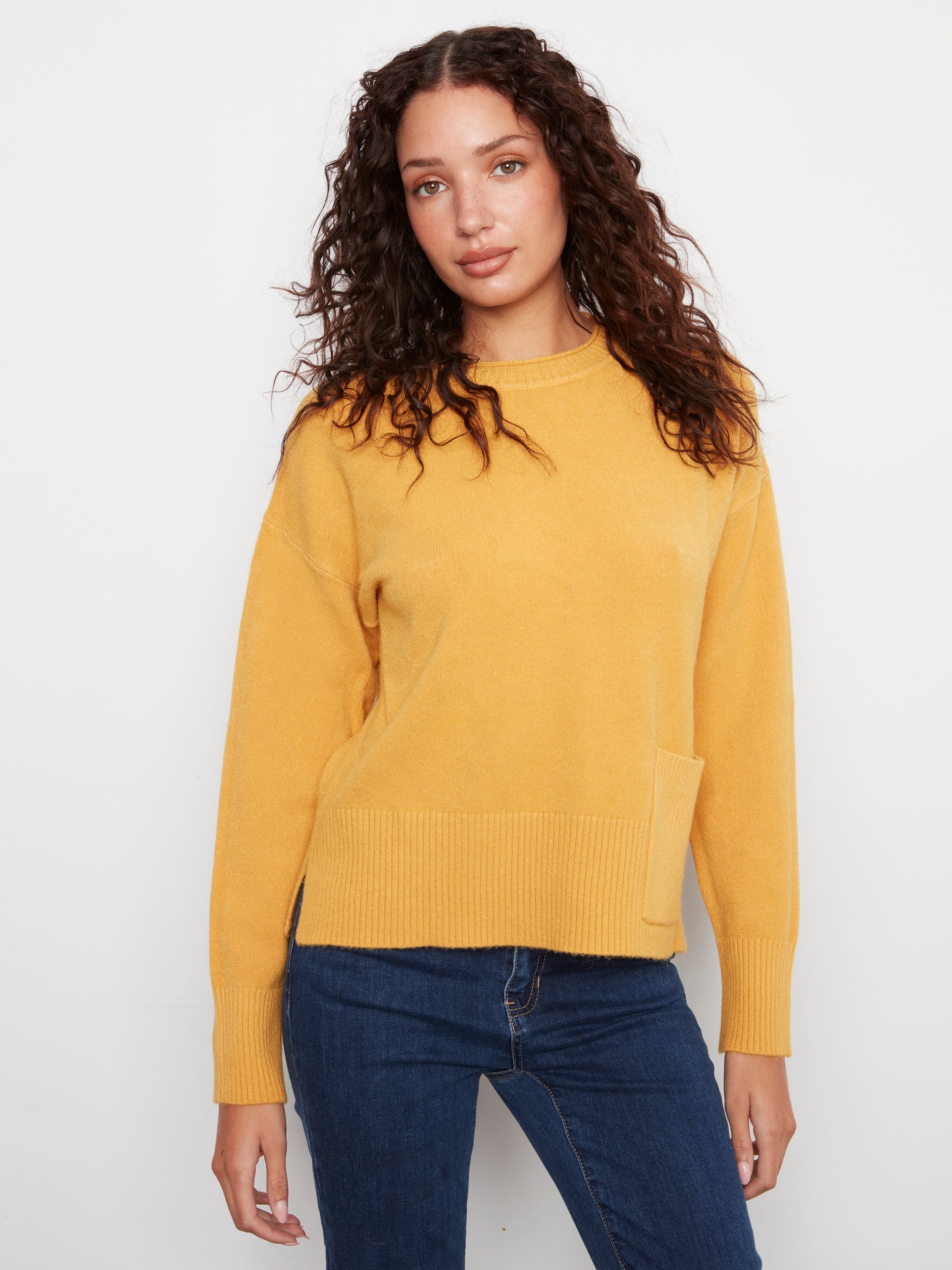 Charlie B Crew Neck Dropped Shoulder Cropped Sweater w/ Pocket Amber C2052-736A-224