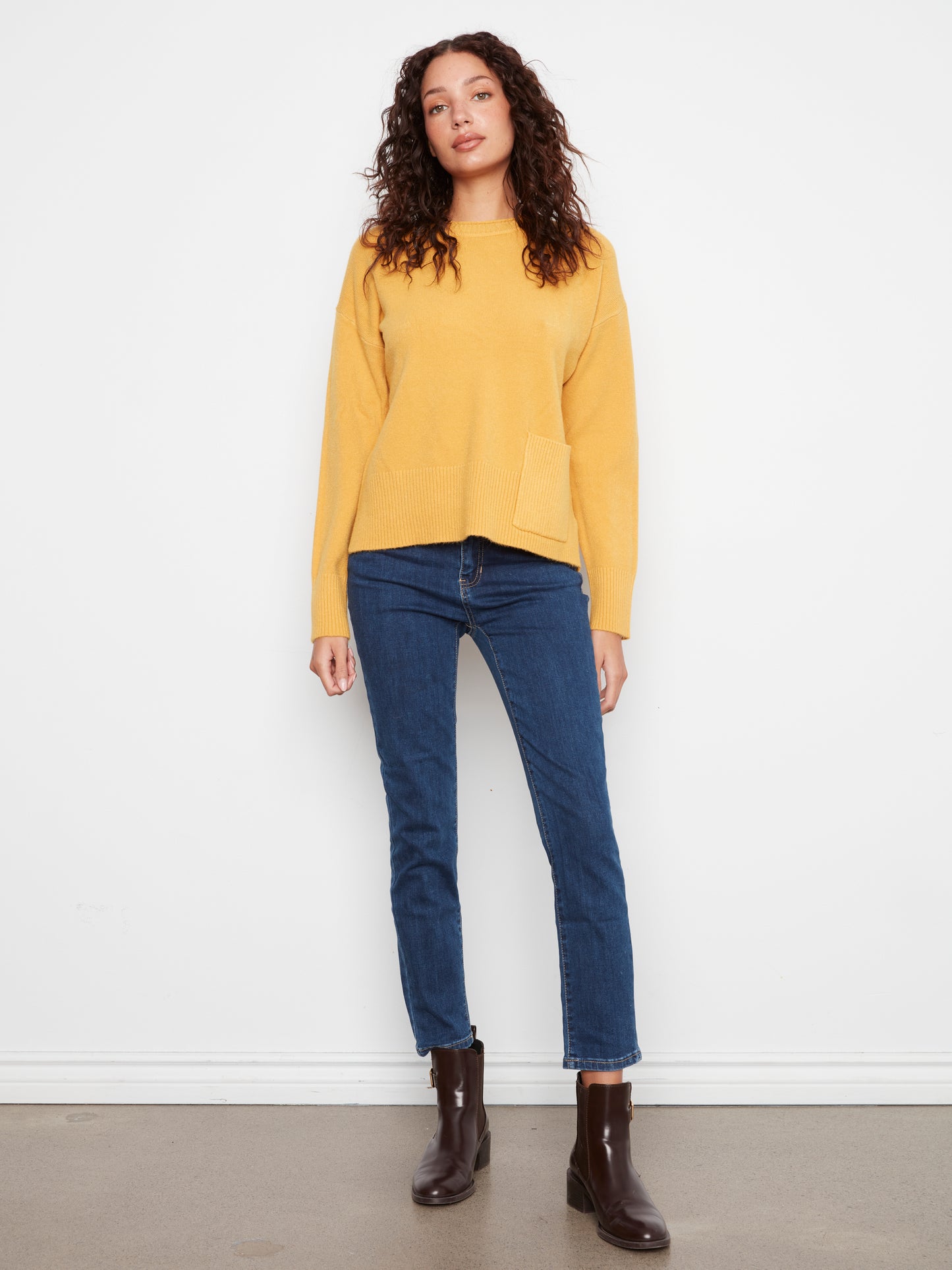 Charlie B Crew Neck Dropped Shoulder Cropped Sweater w/ Pocket Amber C2052-736A-224
