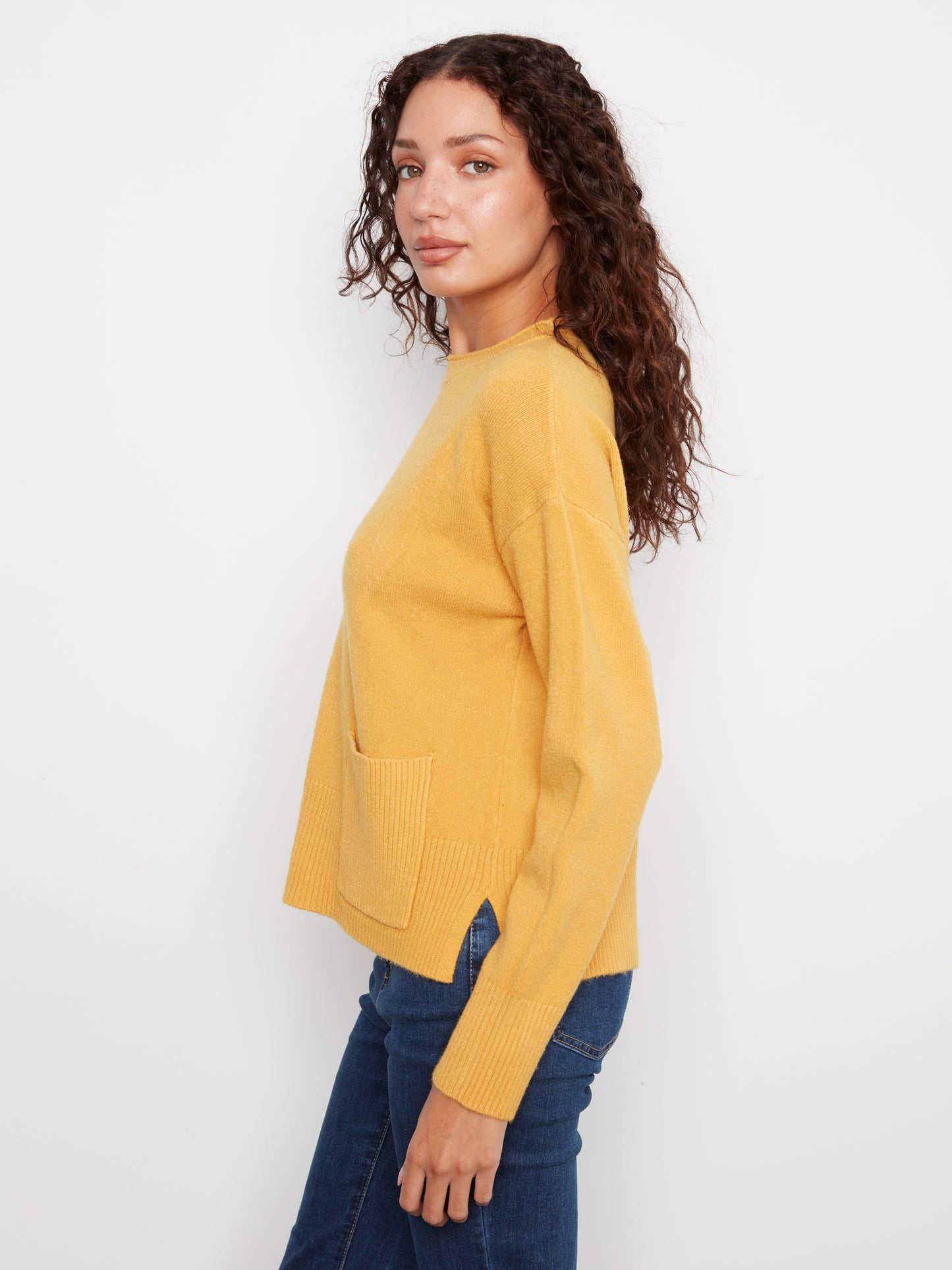 Charlie B Crew Neck Dropped Shoulder Cropped Sweater w/ Pocket Amber C2052-736A-224