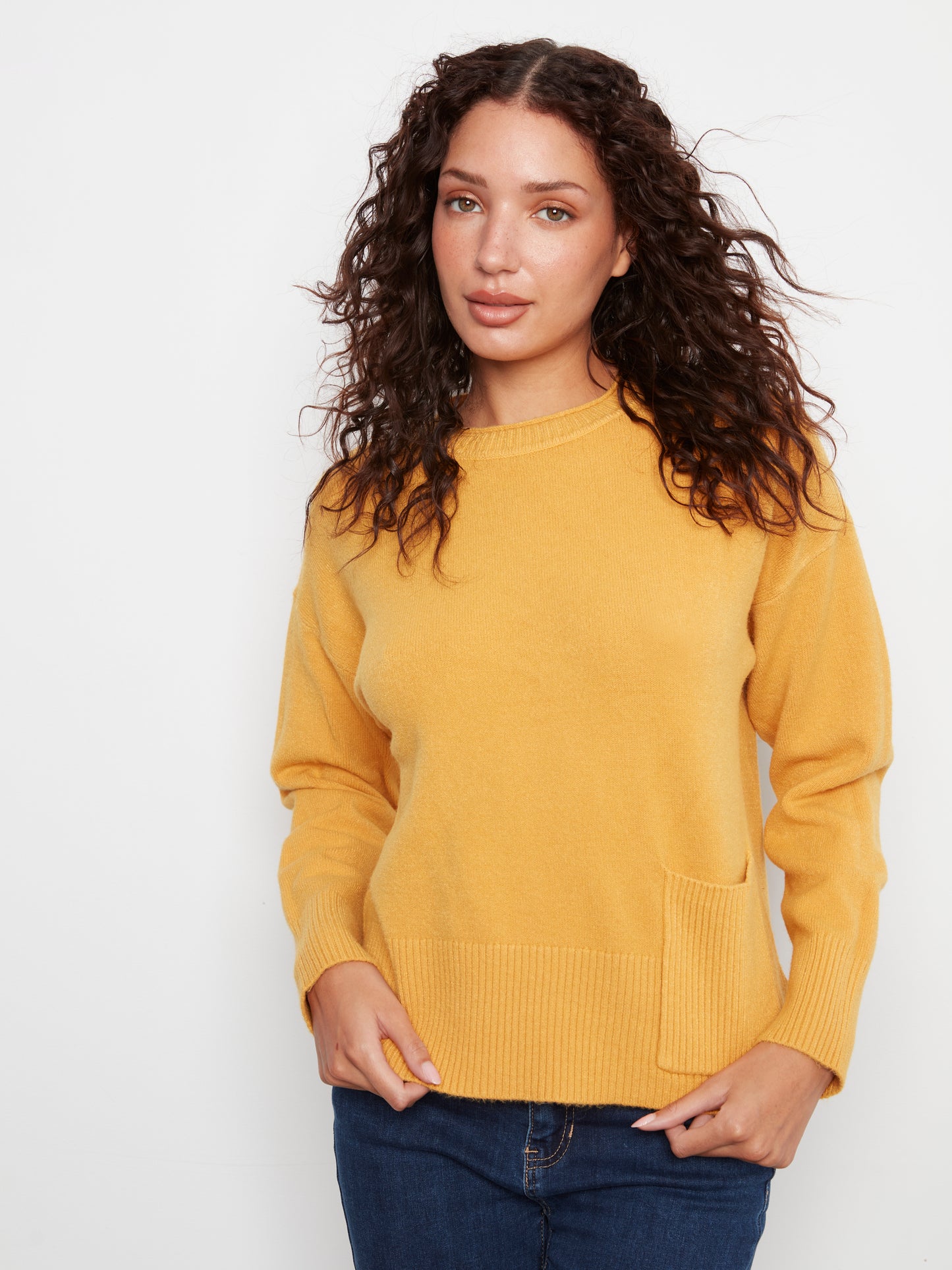 Charlie B Crew Neck Dropped Shoulder Cropped Sweater w/ Pocket Amber C2052-736A-224