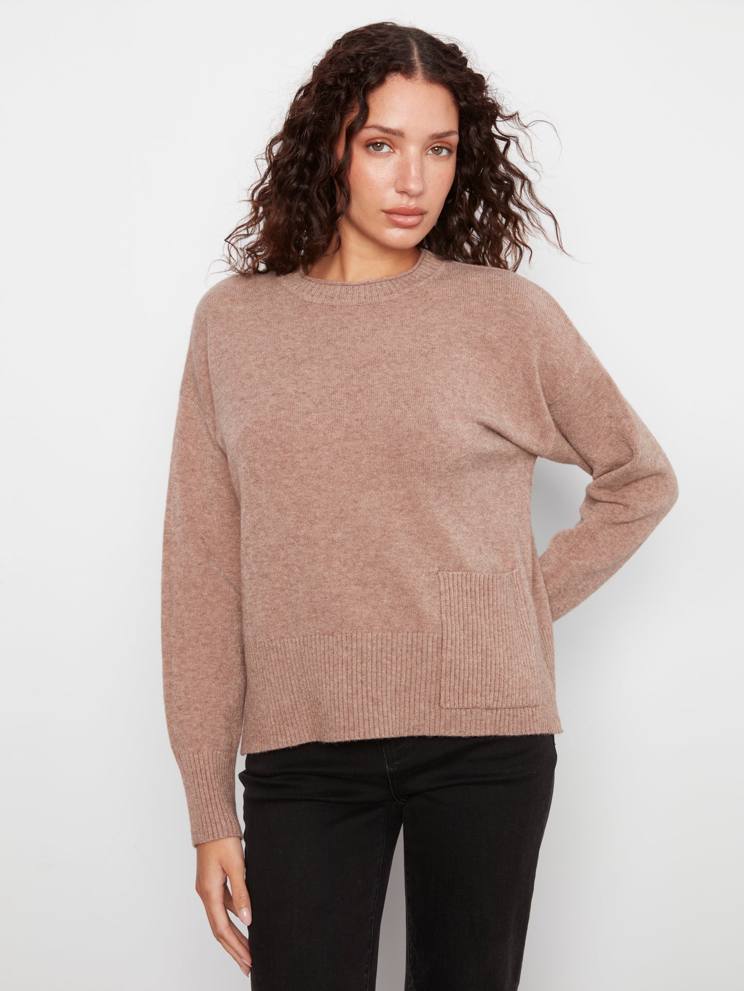 Charlie B Crew Neck Drop Shoulder Cropped Sweater w/Pocket Taupe C2052-736A-912
