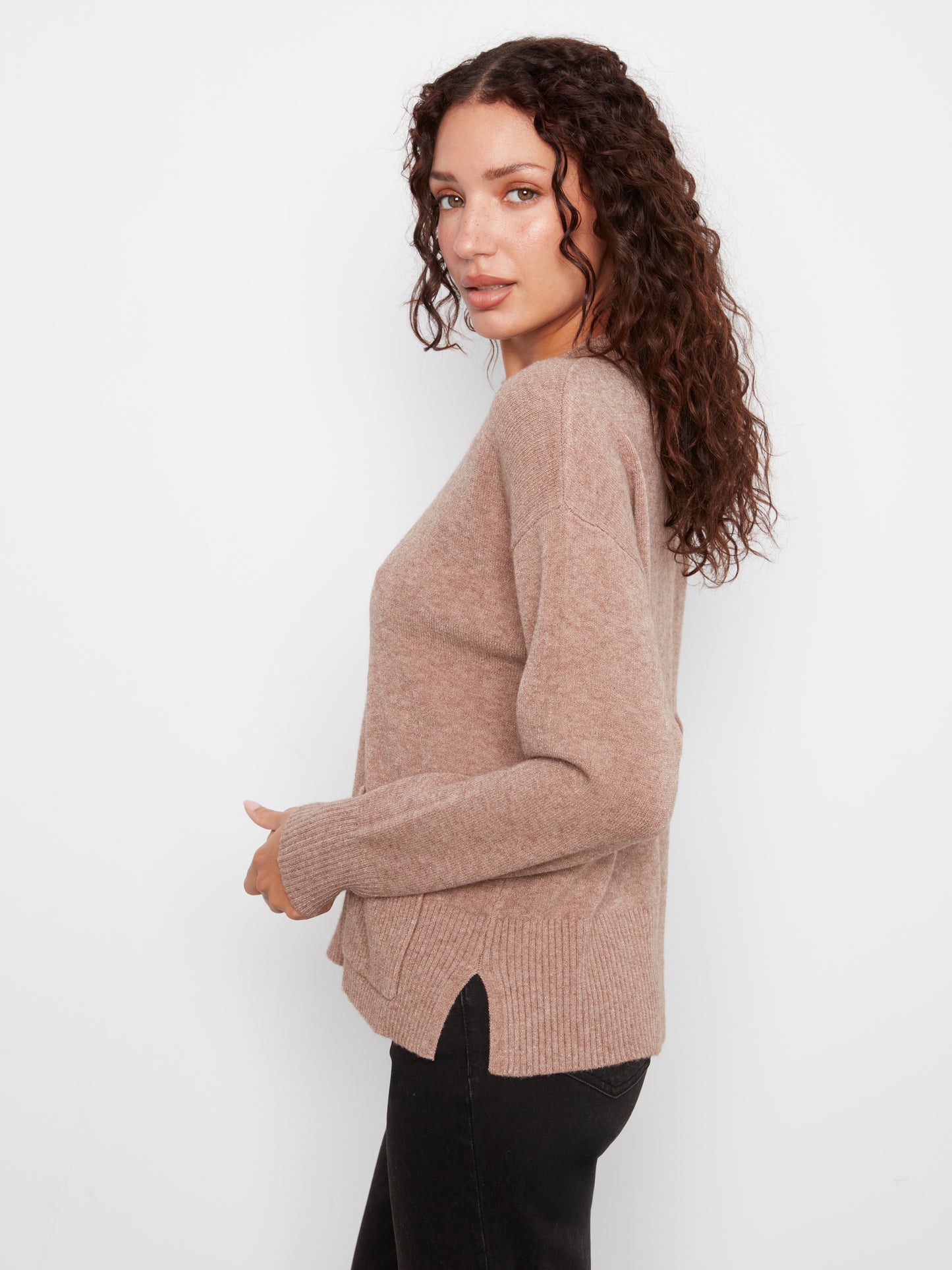 Charlie B Crew Neck Drop Shoulder Cropped Sweater w/Pocket Taupe C2052-736A-912
