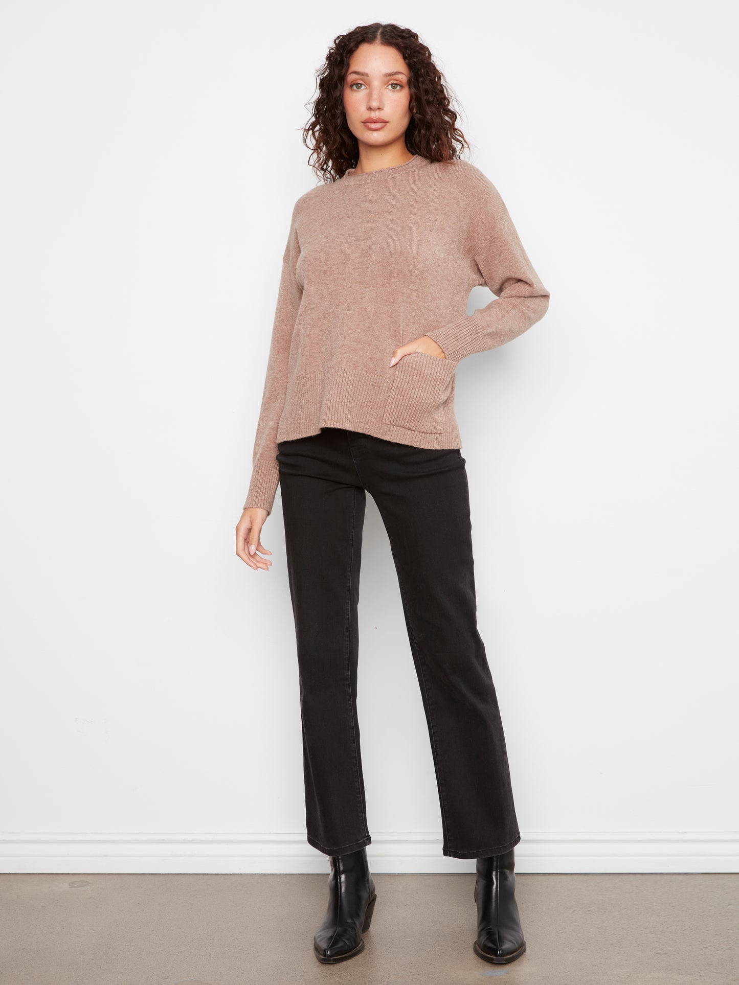 Charlie B Crew Neck Drop Shoulder Cropped Sweater w/Pocket Taupe C2052-736A-912