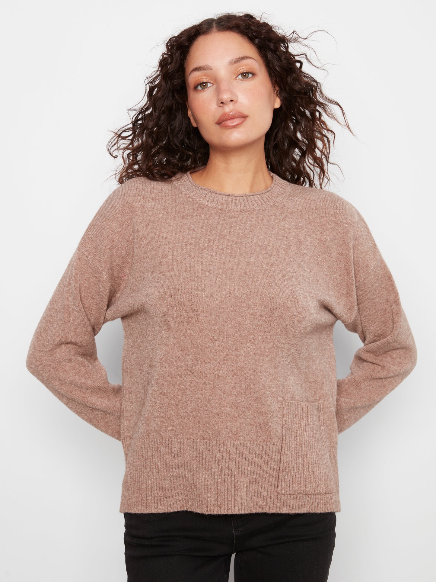 Charlie B Crew Neck Drop Shoulder Cropped Sweater w/Pocket Taupe C2052-736A-912