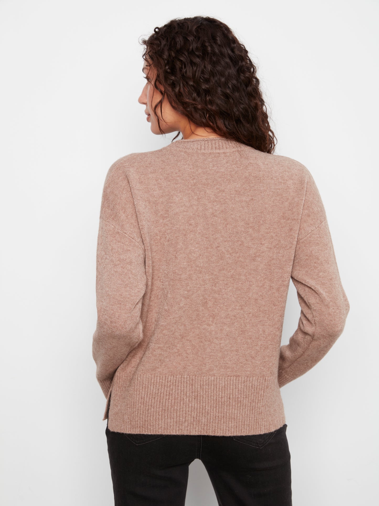 Charlie B Crew Neck Drop Shoulder Cropped Sweater w/Pocket Taupe C2052-736A-912