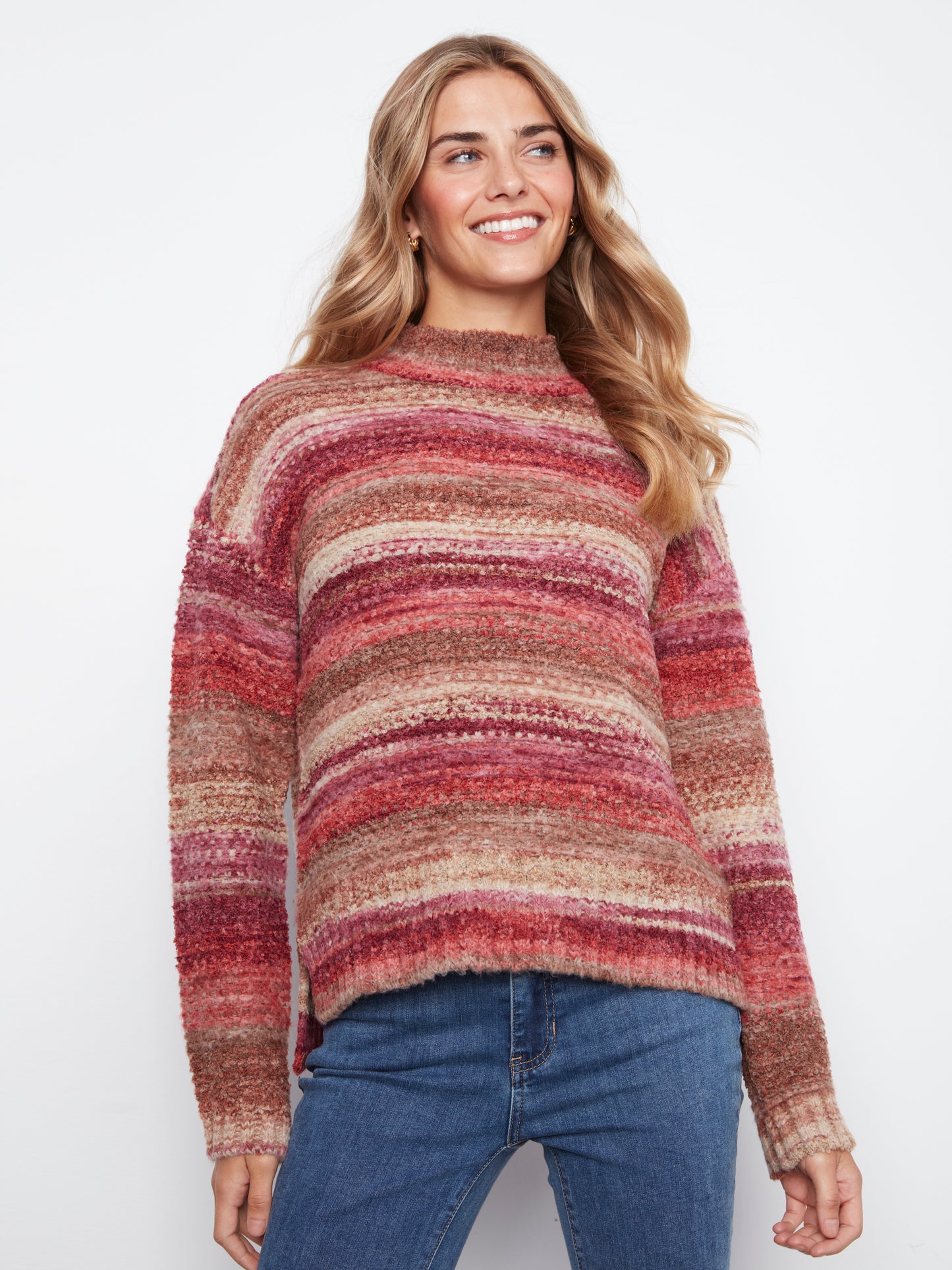 Charlie B Long Sleeve Drop Shoulder Mock Neck High-Low Sweater Mulberry C2067-747C-P674