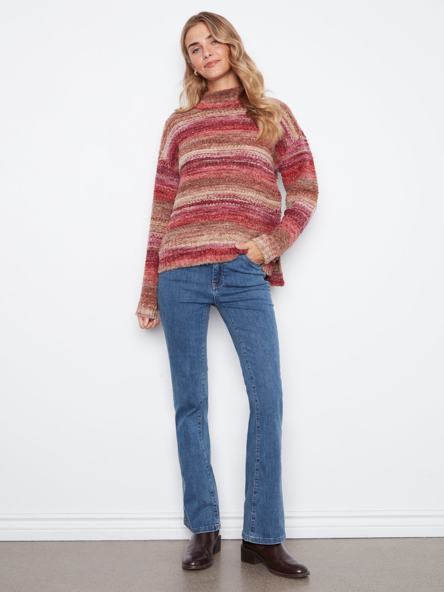 Charlie B Long Sleeve Drop Shoulder Mock Neck High-Low Sweater Mulberry C2067-747C-P674