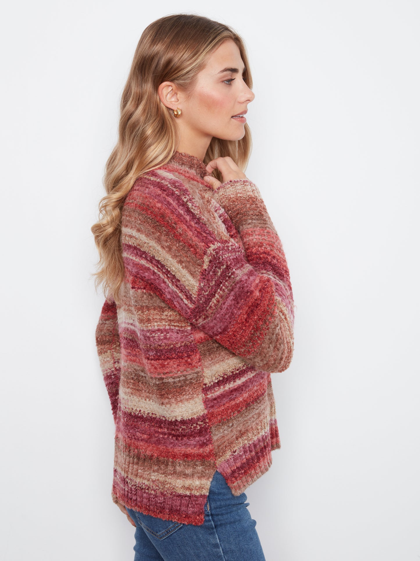 Charlie B Long Sleeve Drop Shoulder Mock Neck High-Low Sweater Mulberry C2067-747C-P674