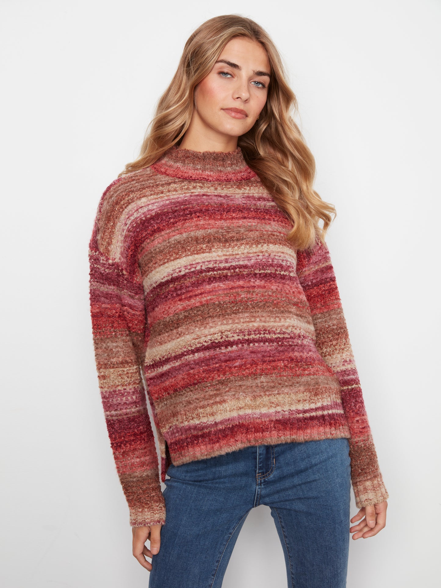 Charlie B Long Sleeve Drop Shoulder Mock Neck High-Low Sweater Mulberry C2067-747C-P674