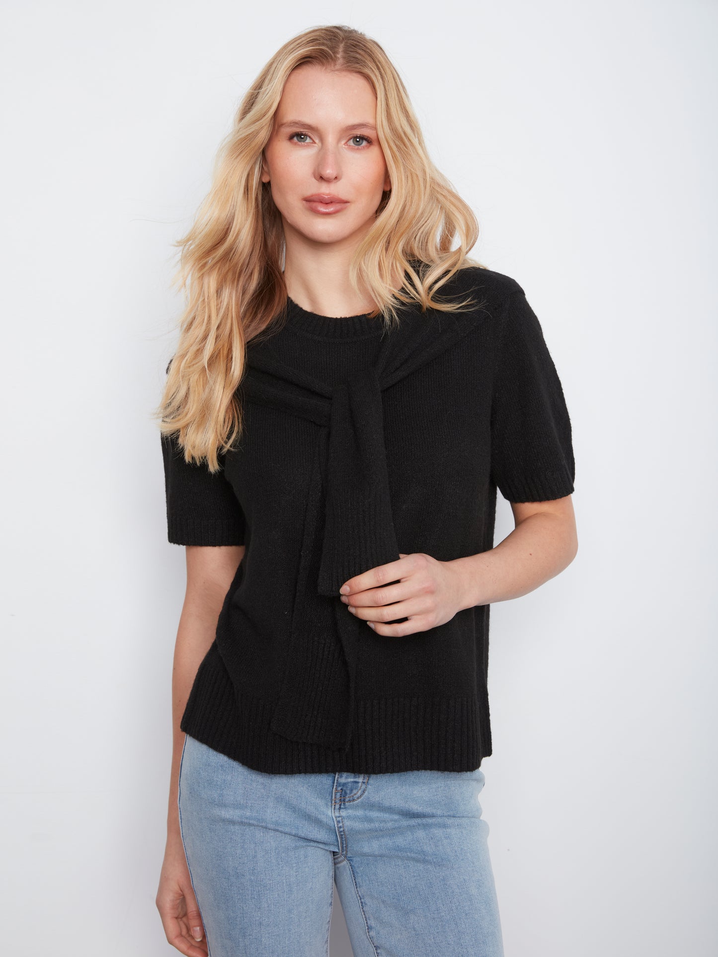 Charlie B Short Sleeve Crew Neck Sweater w/Combined Sleeves Detail Black C2069-690C-001