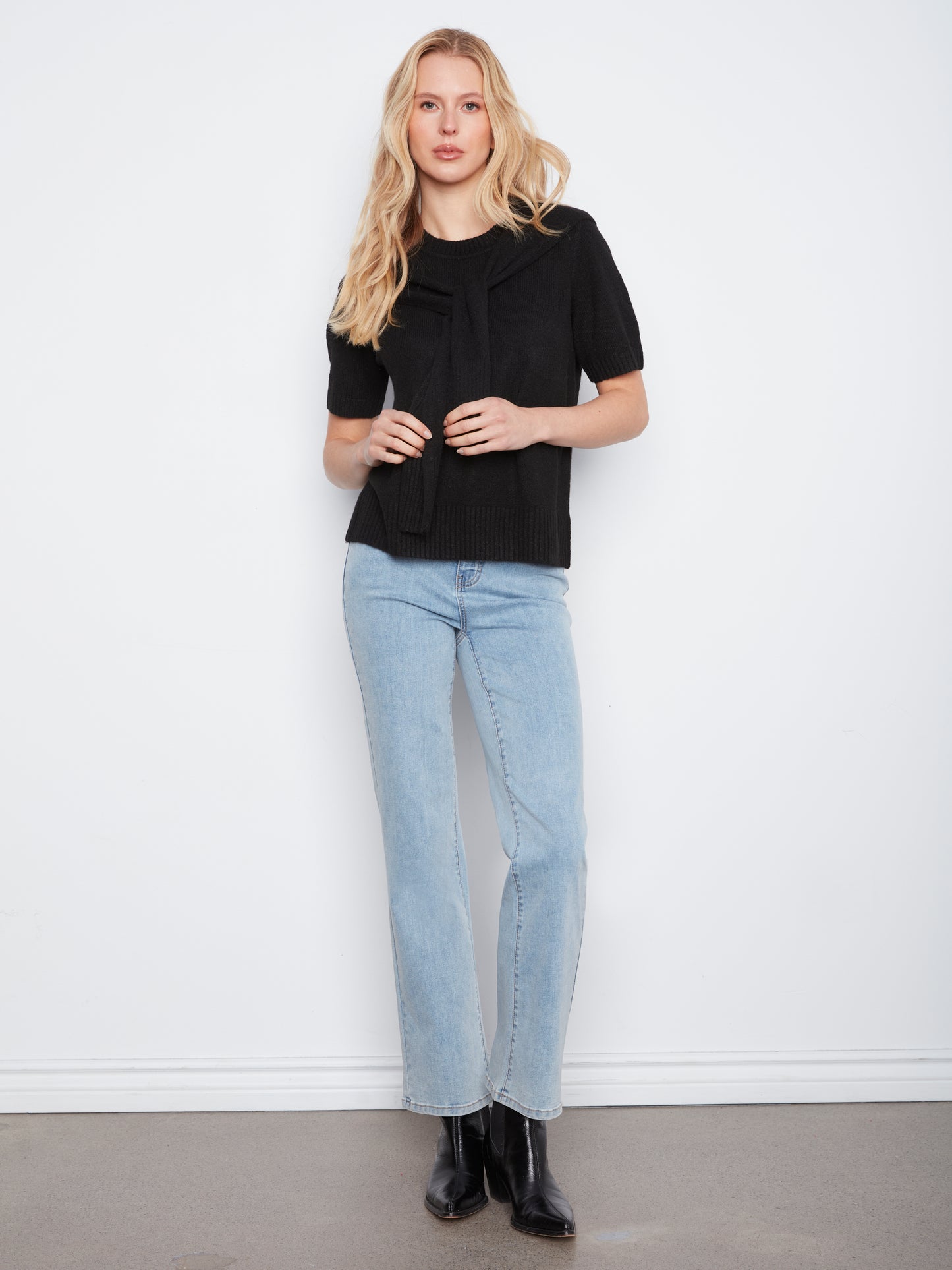 Charlie B Short Sleeve Crew Neck Sweater w/Combined Sleeves Detail Black C2069-690C-001
