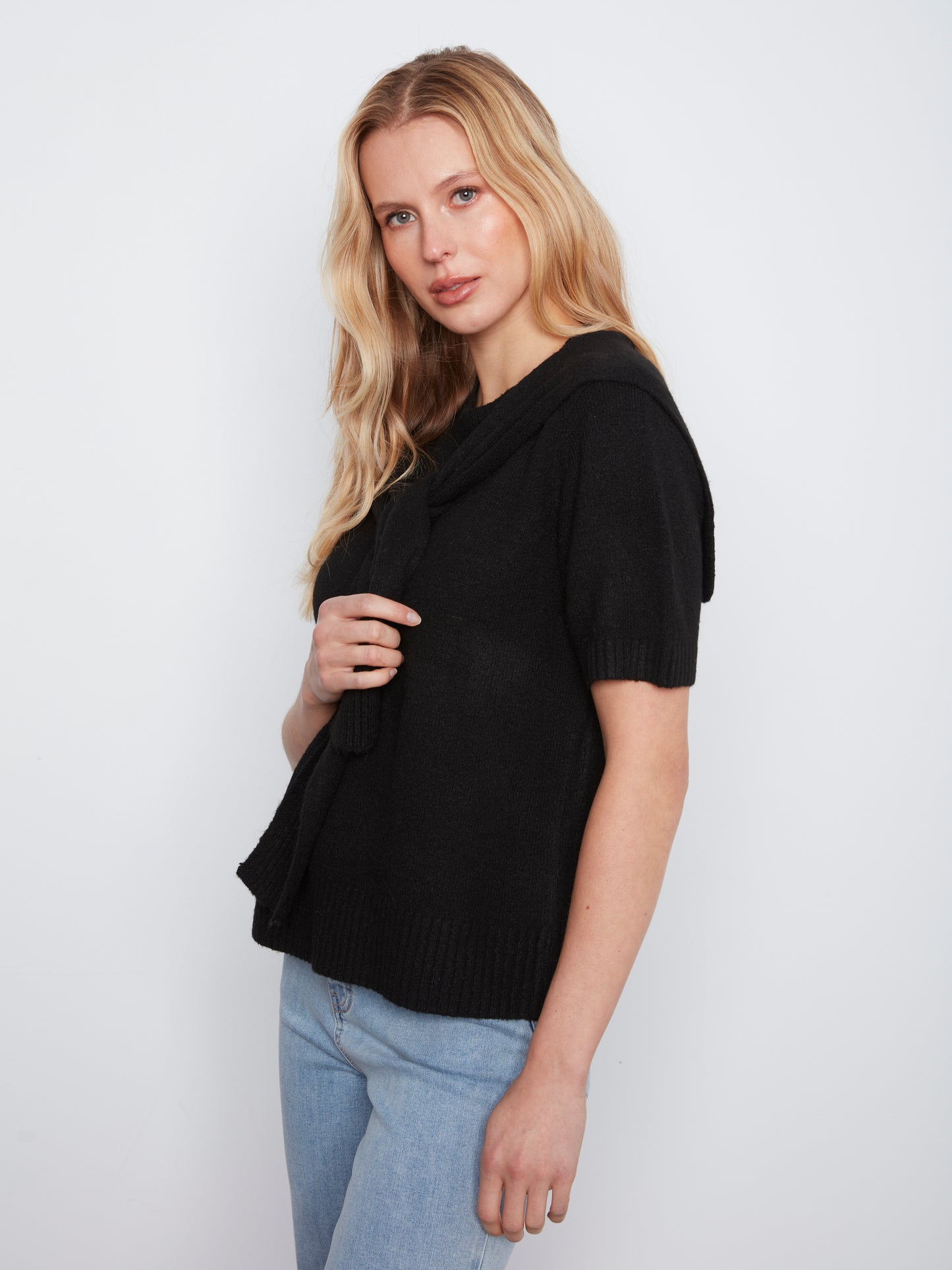 Charlie B Short Sleeve Crew Neck Sweater w/Combined Sleeves Detail Black C2069-690C-001
