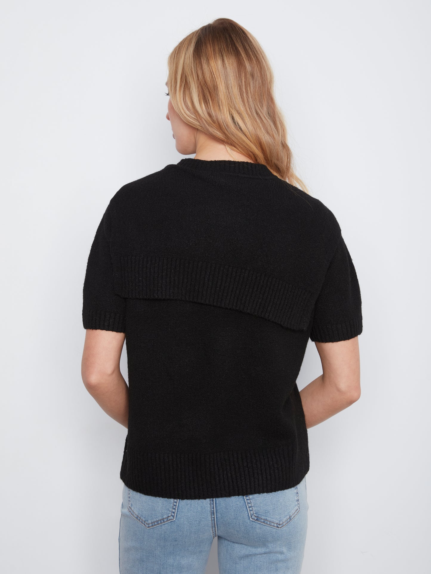 Charlie B Short Sleeve Crew Neck Sweater w/Combined Sleeves Detail Black C2069-690C-001