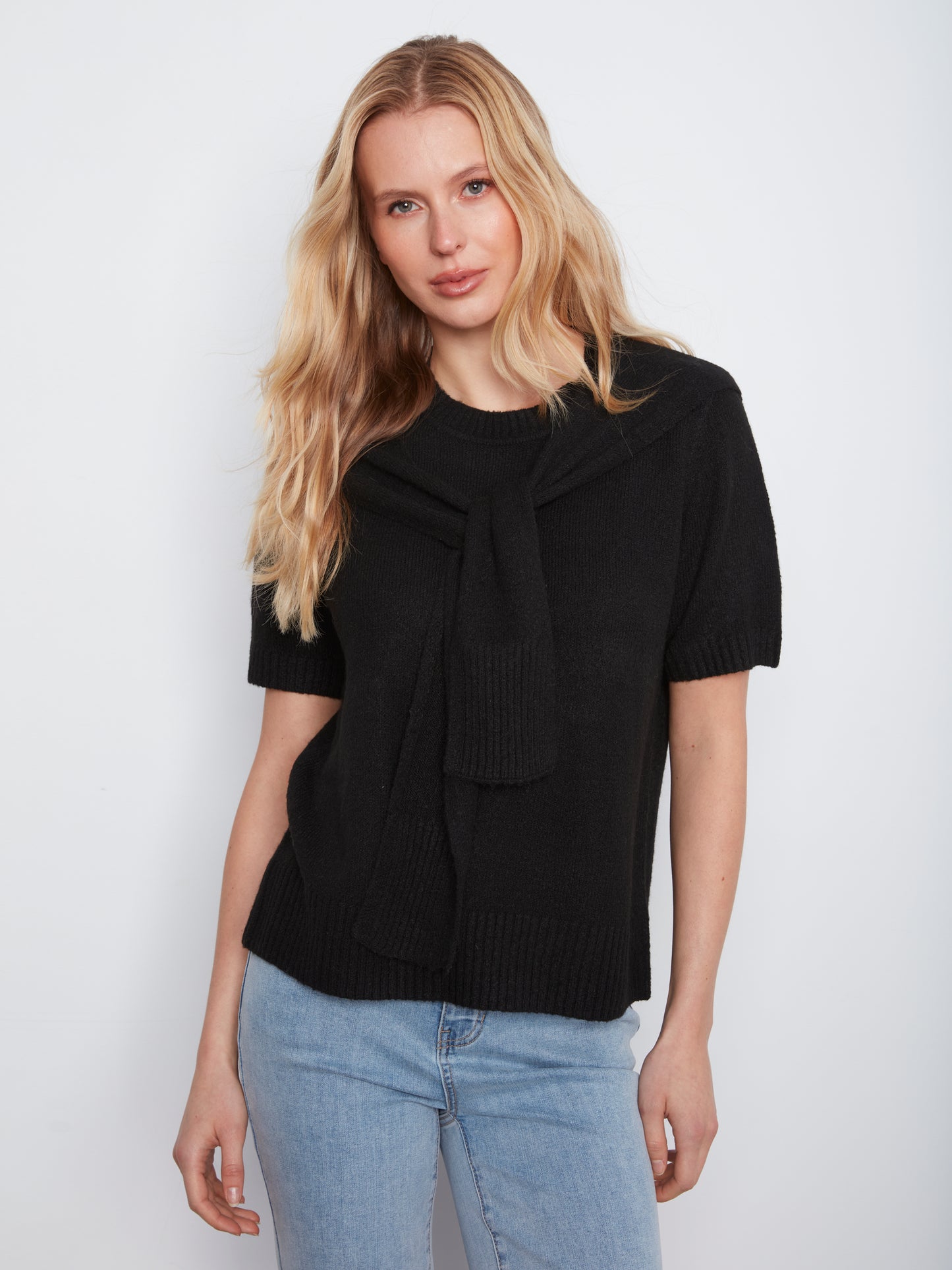 Charlie B Short Sleeve Crew Neck Sweater w/Combined Sleeves Detail Black C2069-690C-001