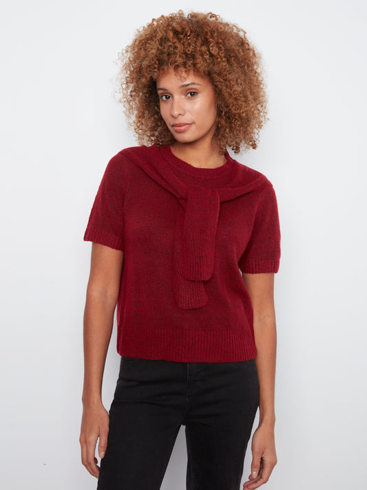 Charlie B Short Sleeve Crew Neck Sweater w/Combined Sleeves Detail Equestrian C2069-690C-307