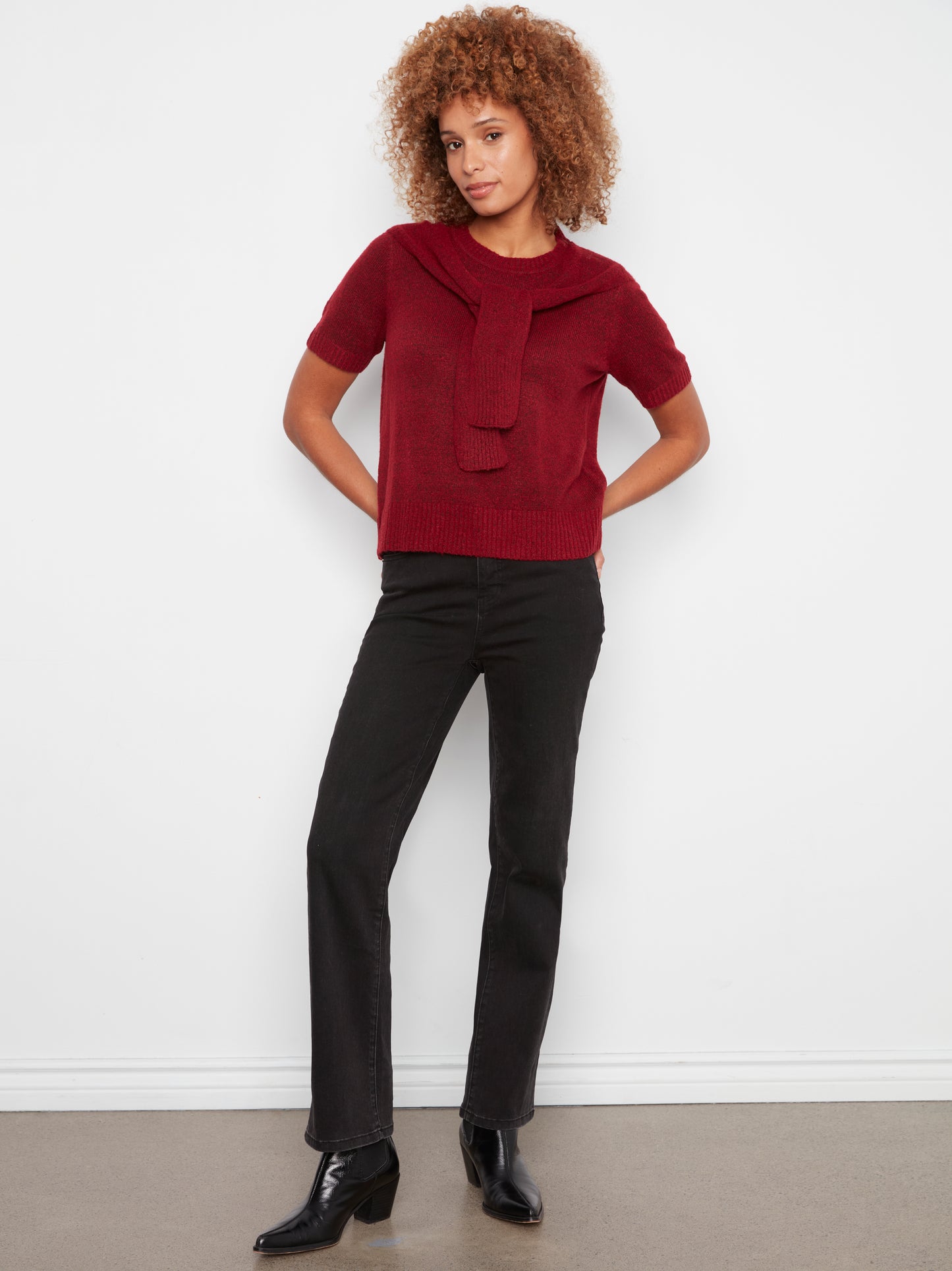 Charlie B Short Sleeve Crew Neck Sweater w/Combined Sleeves Detail Equestrian C2069-690C-307
