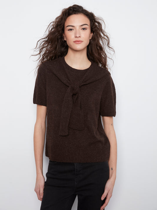 Charlie B Short Sleeve Crew Neck Sweater w/Combined Sleeves Detail Coffee C2069-690C-413