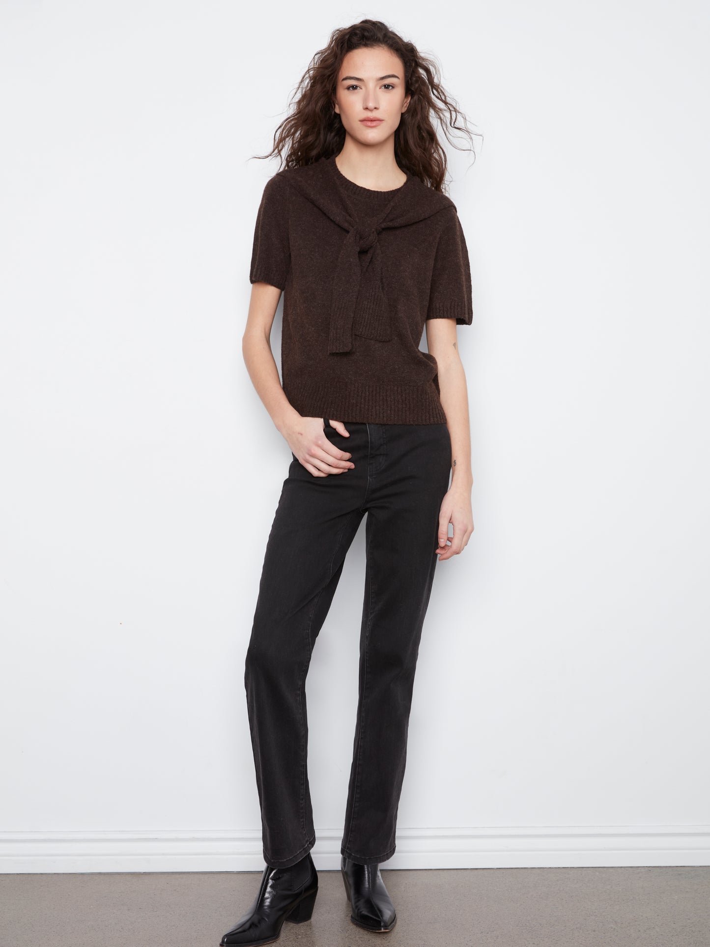 Charlie B Short Sleeve Crew Neck Sweater w/Combined Sleeves Detail Coffee C2069-690C-413