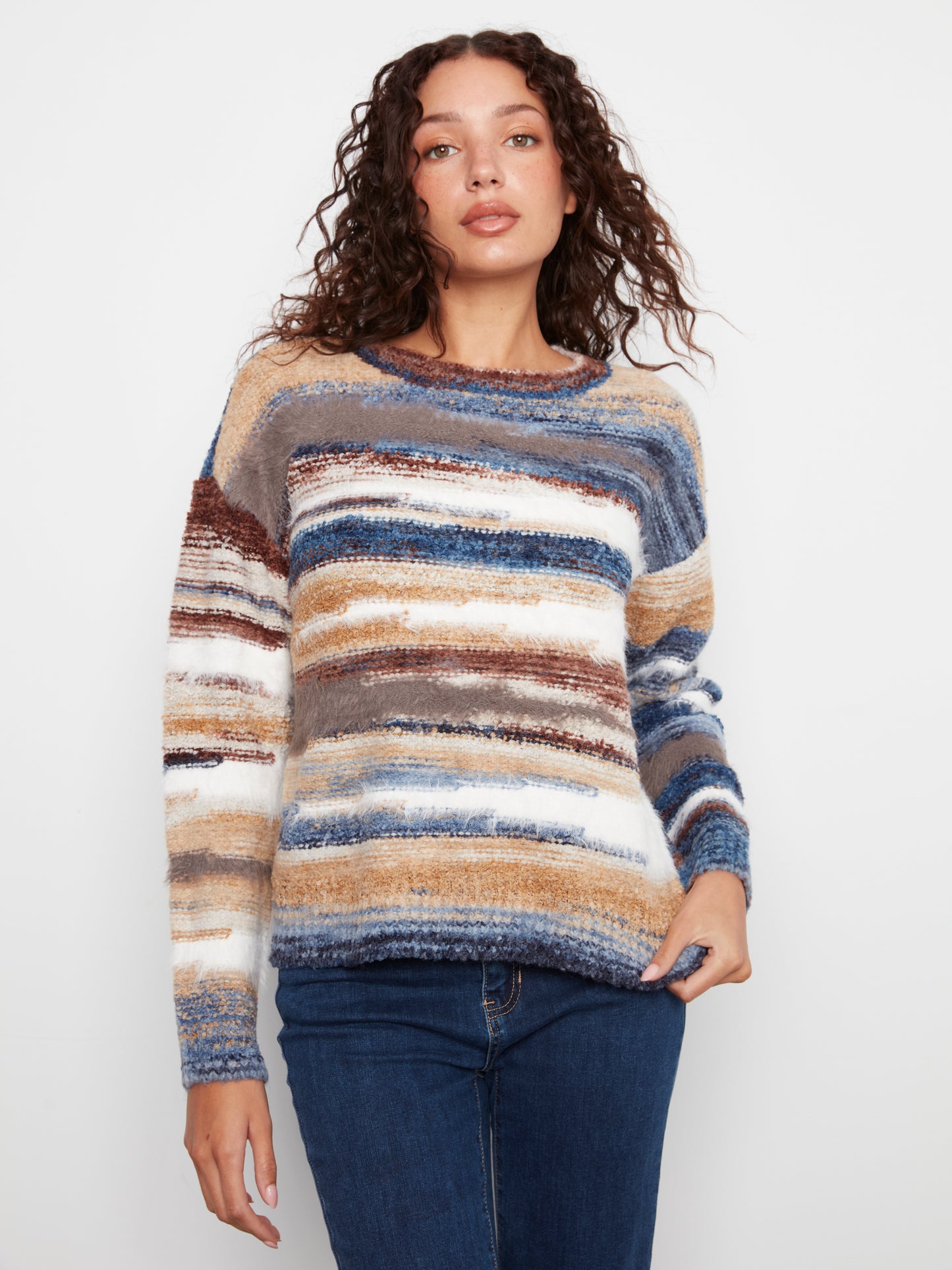 Charlie B Space Dye Hairy Knit Long Sleeve Crew Neck Drop Sleeve Sweater Moon C2070-748C-P685